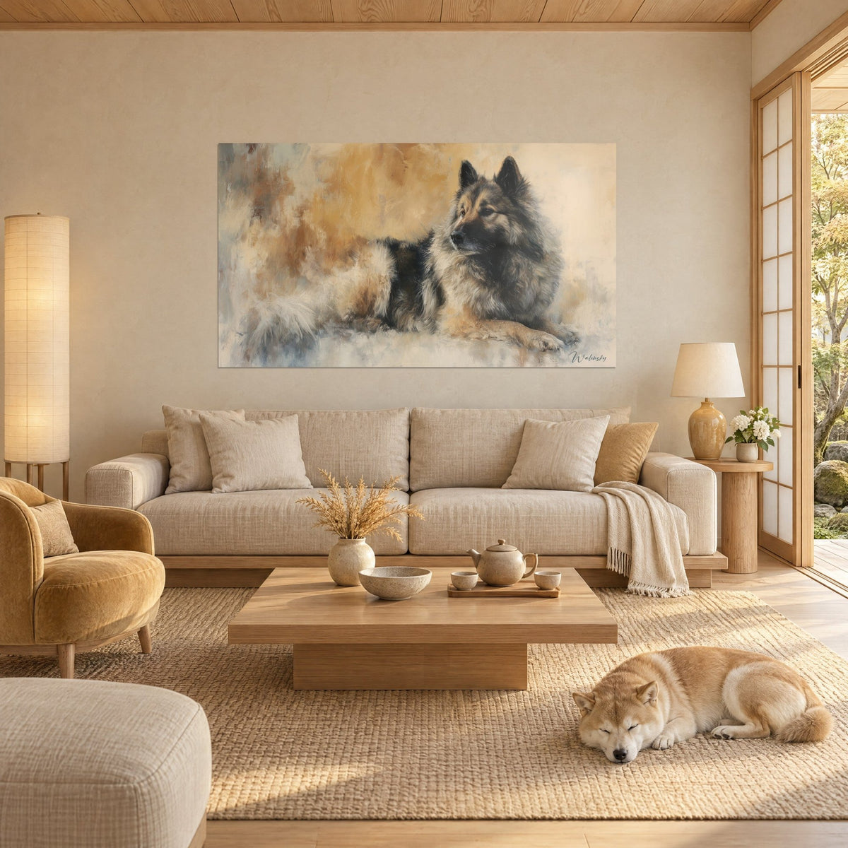 Πίνακας ξαπλωμένου Eurasier με τρίχωμα πυρόξανθο και μαύρο σε κρεμ και ωχροκίτρινο φόντο, κοιμισμένος Shiba πάνω από έναν καναπέ σε ένα φωτεινό σαλόνι