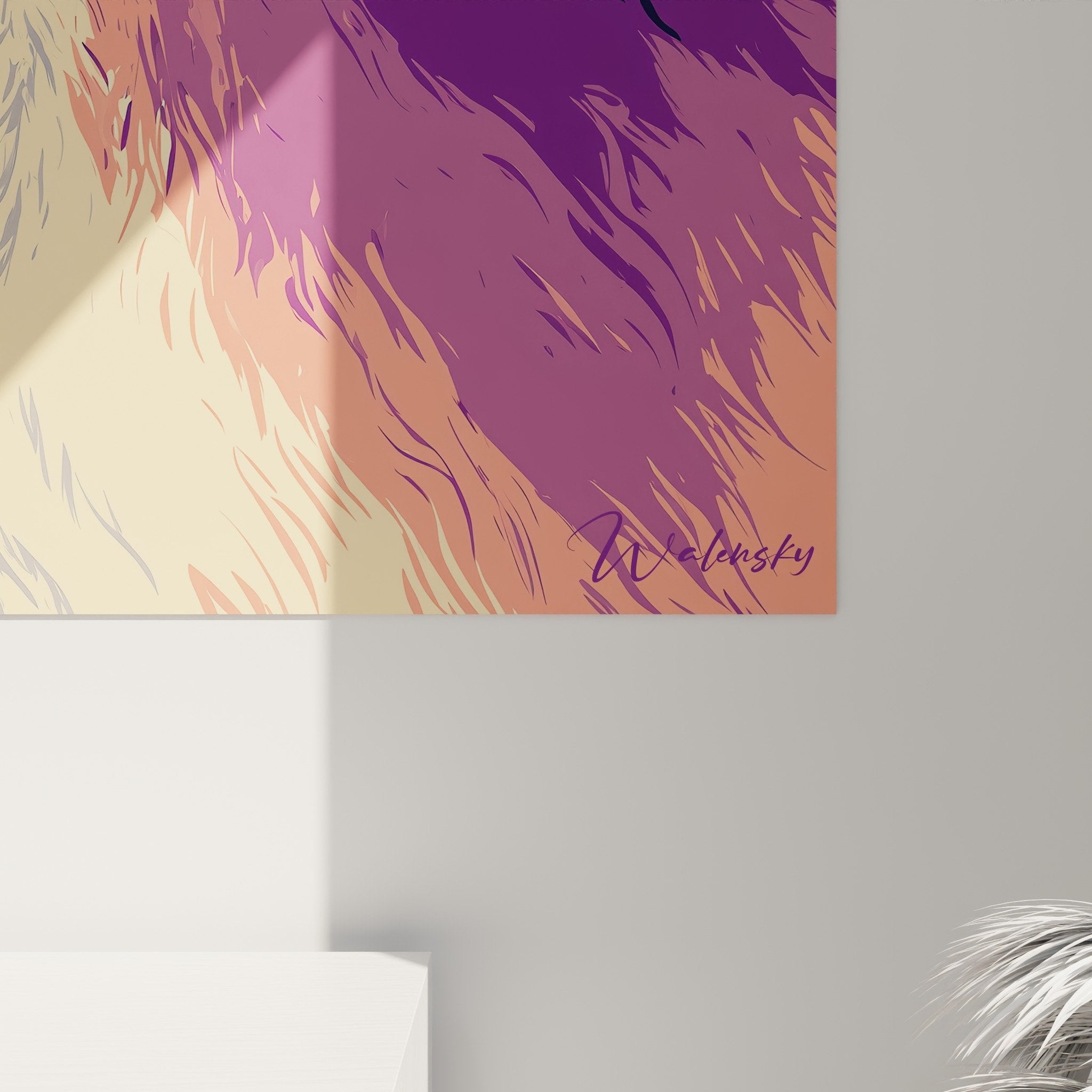 Vue ensemble tableau Eurasier contemporain couleurs vibrantes violet orange décoration intérieur