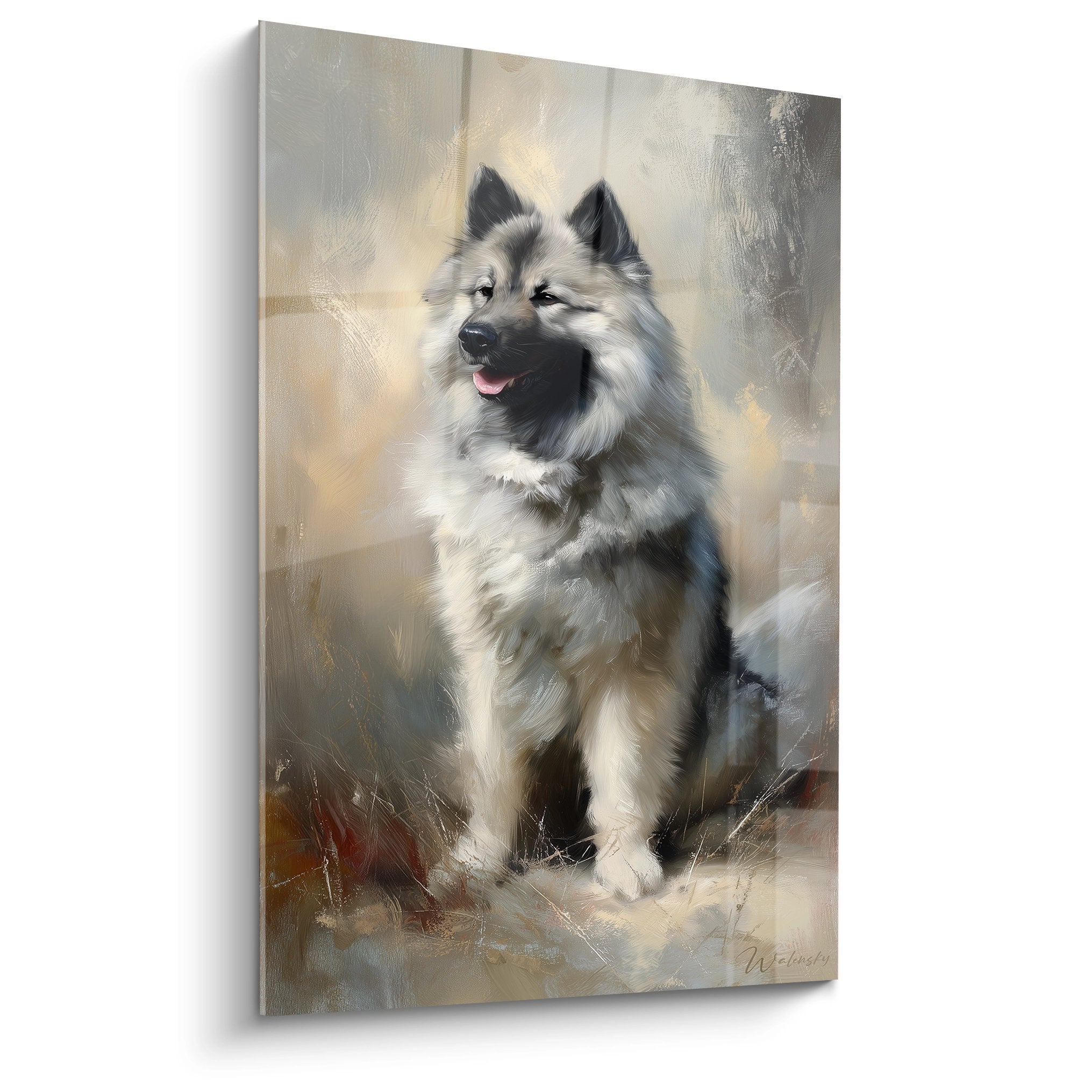 Eurasier Gemälde sitzend graucremeweißes Fell auf beigem Hintergrund malerischer Stil Hundeporträt
