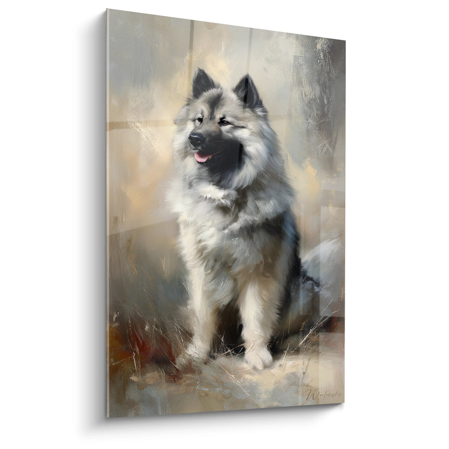 Tableau Eurasier assis au pelage gris et crème sur fond nuageux peint - Portrait Majestueux - Edition Eurasier