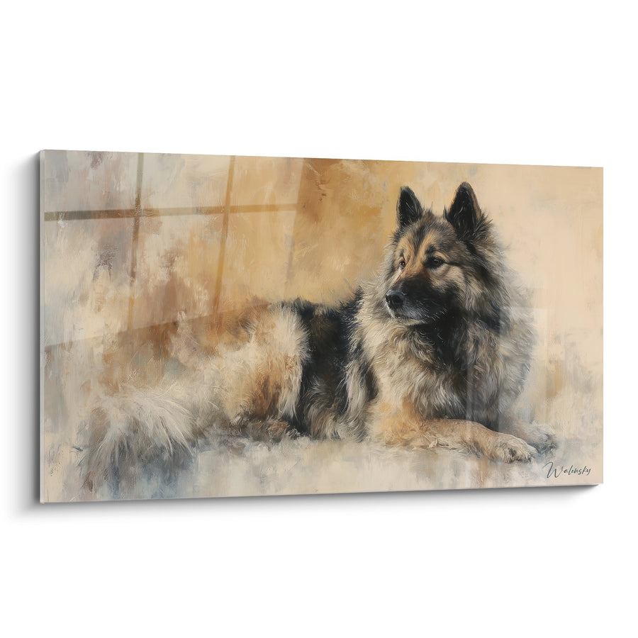 Tableau Eurasier au Pelage Soyeux sur Fond Crème et Ocre - Portrait Majestueux - Edition Eurasier