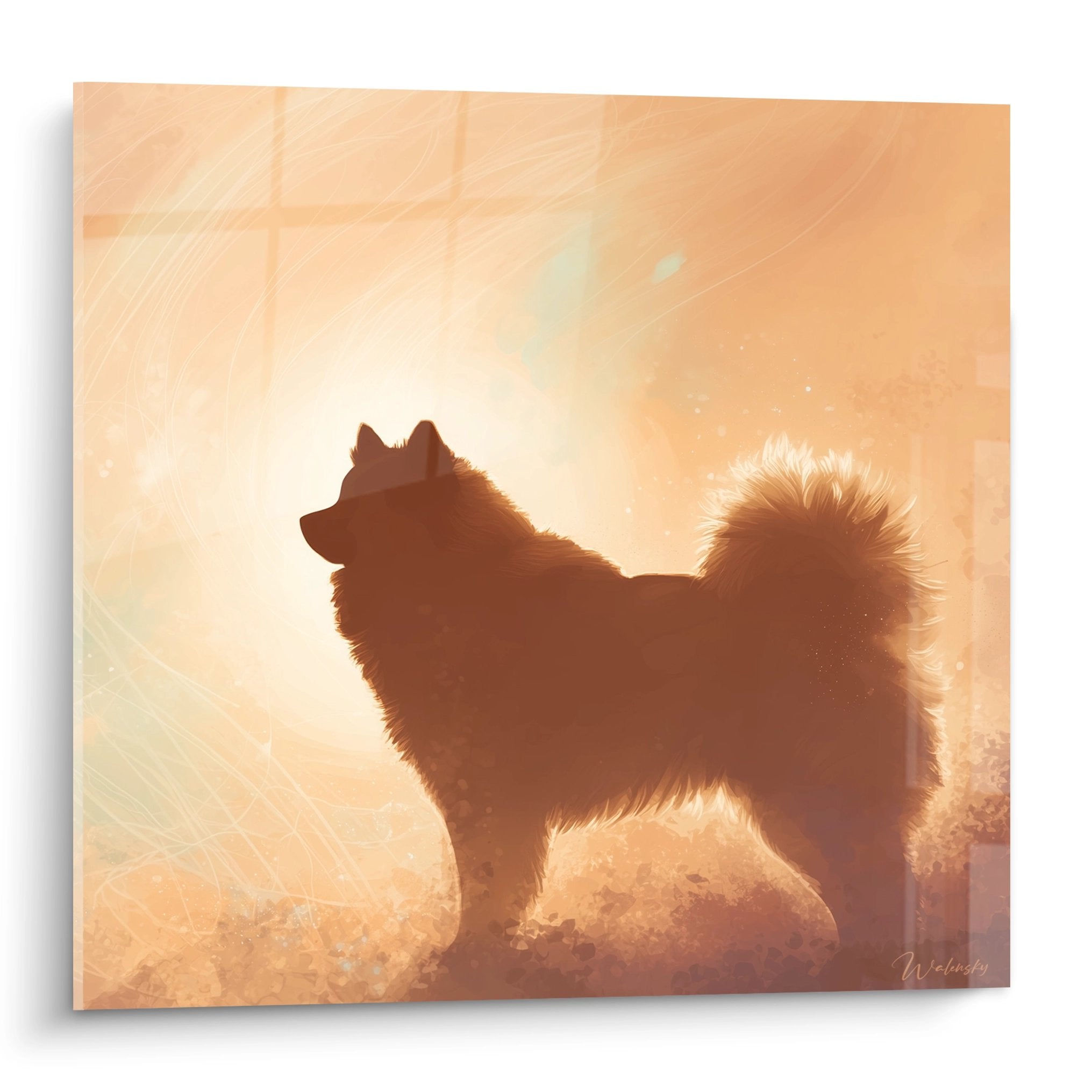 Tableau eurasier silhouette doree retroeclairage lumiere orangee chaleureuse art canin decoration murale