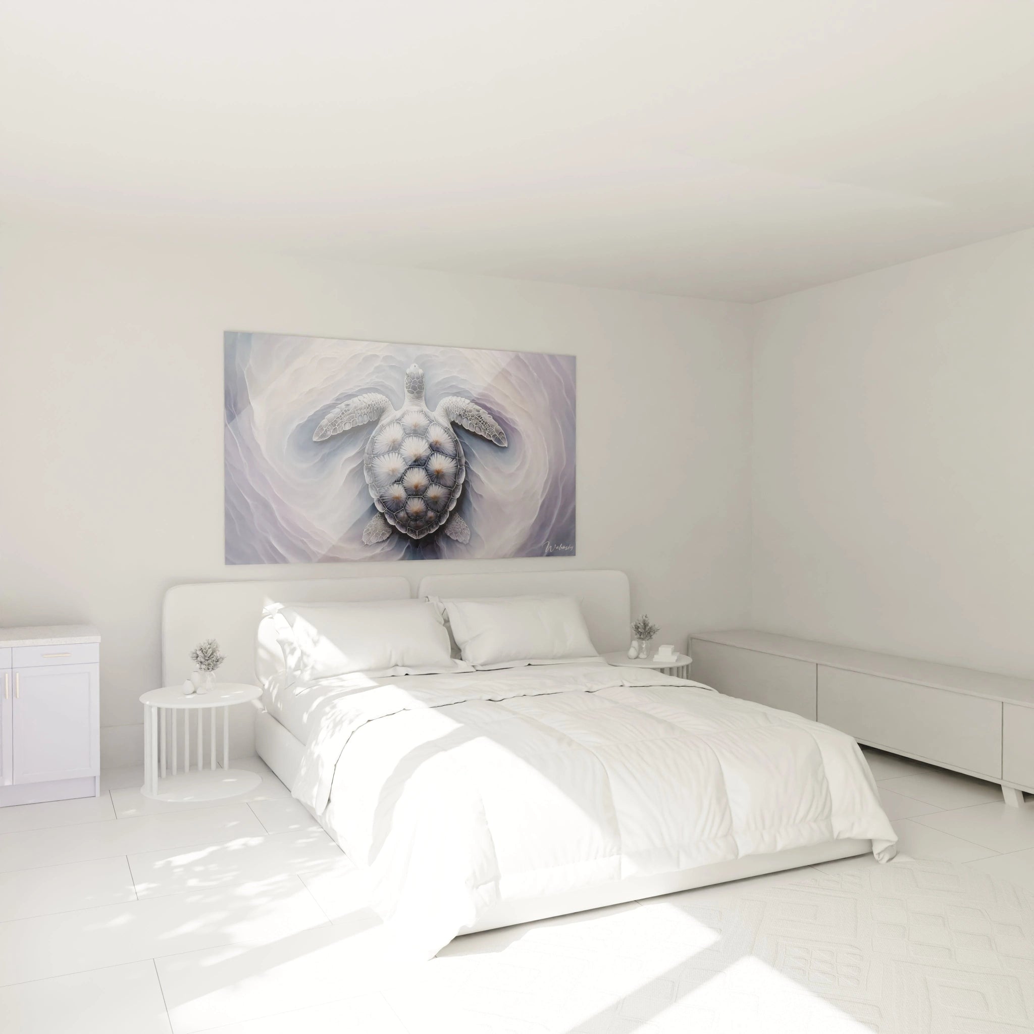 Ce tableau tortue de mer, accroché au-dessus du lit, ajoute une touche de sérénité à la chambre. Ses motifs délicats et ses nuances apaisantes créent une atmosphère propice à la relaxation.


