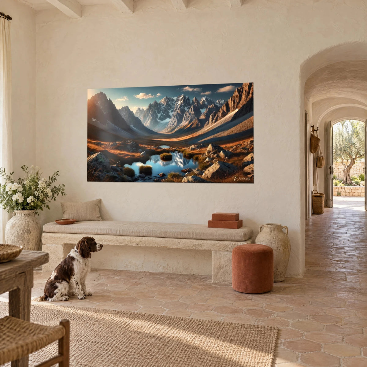 Wall art of a golden rock massif at dawn, mirror-like blue pond and tawny grass, on the wall of a farmhouse, seated spaniel