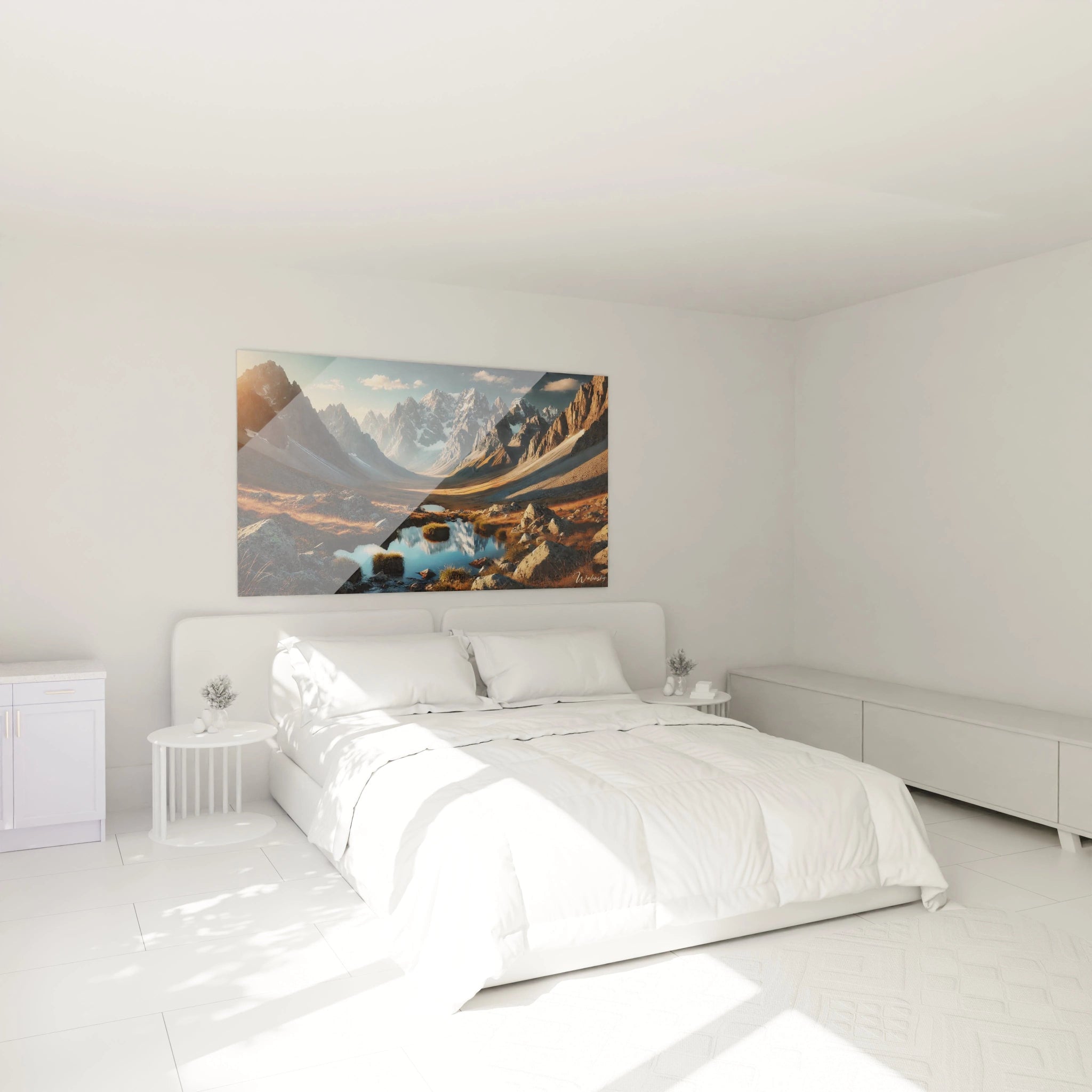 Ce tableau Montagne transforme votre chambre, accroché au-dessus du lit. Il crée une ambiance apaisante avec ses nuances dorées et sa profondeur inspirante.

