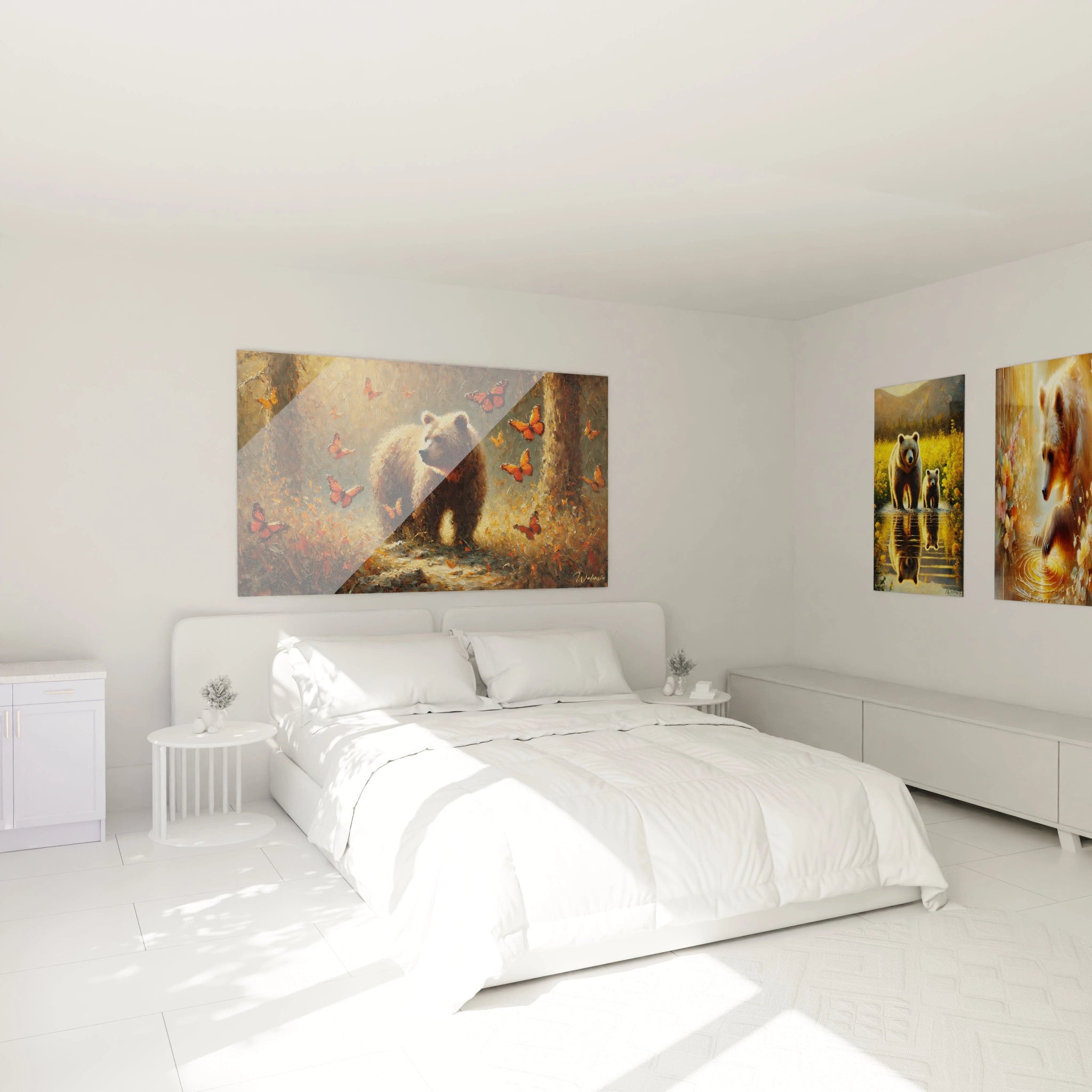 Accroché au-dessus d’un lit, le tableau ours brun transforme la chambre en un sanctuaire naturel, apaisant et inspirant, grâce à ses teintes douces et son ambiance automnale captivante.

