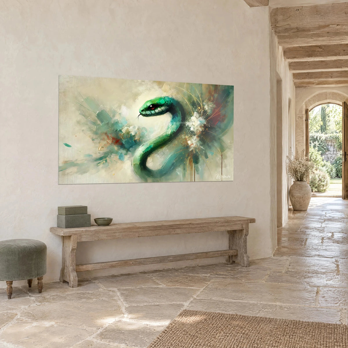 Wall art green reptile coiled in an S shape, turquoise and gold touches on ivory background, stone wall, hallway with light tiles