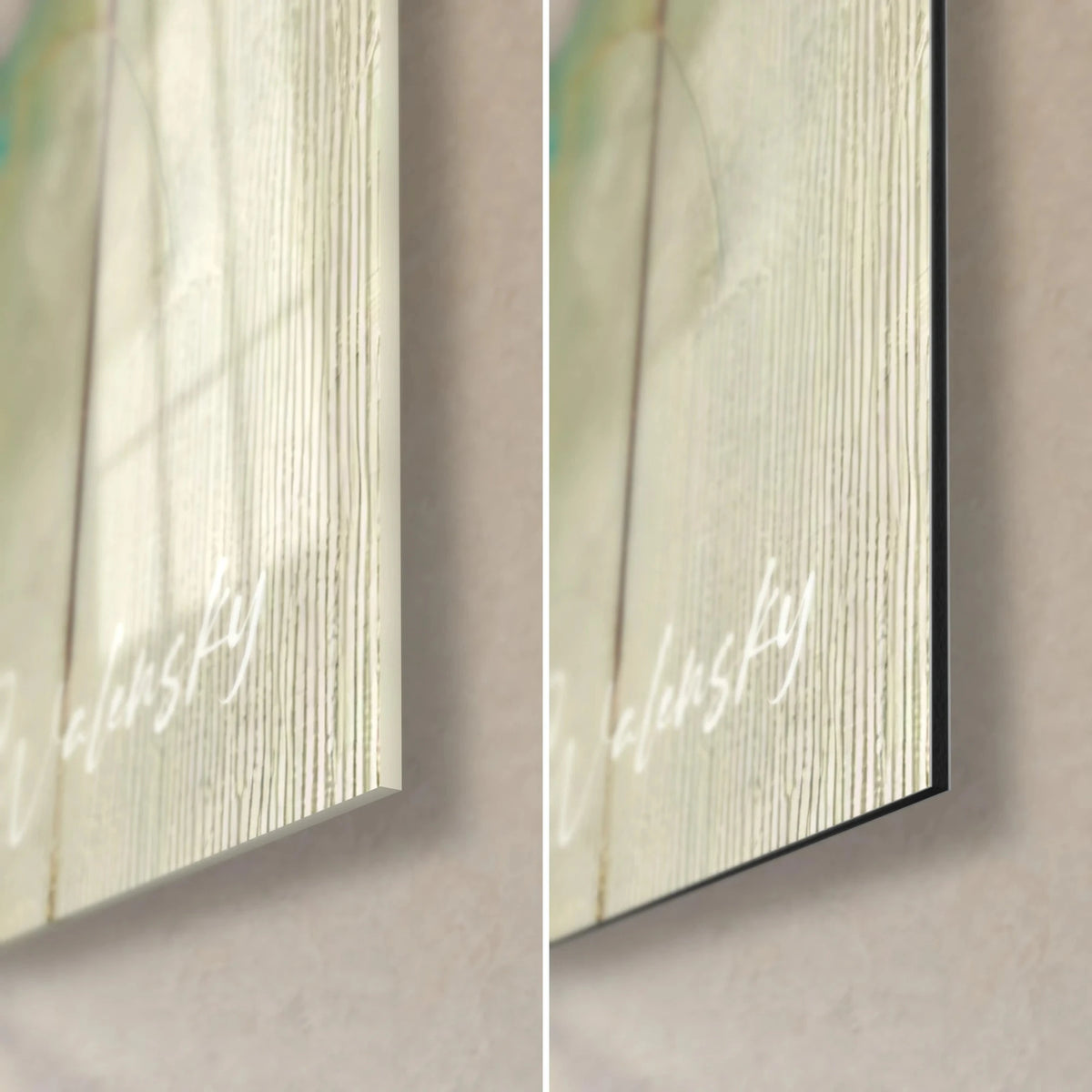 Wall art green grass snake with painted scales, bottom right corner: glossy glass on the left, matte black Dibond on the right, 3 mm edge