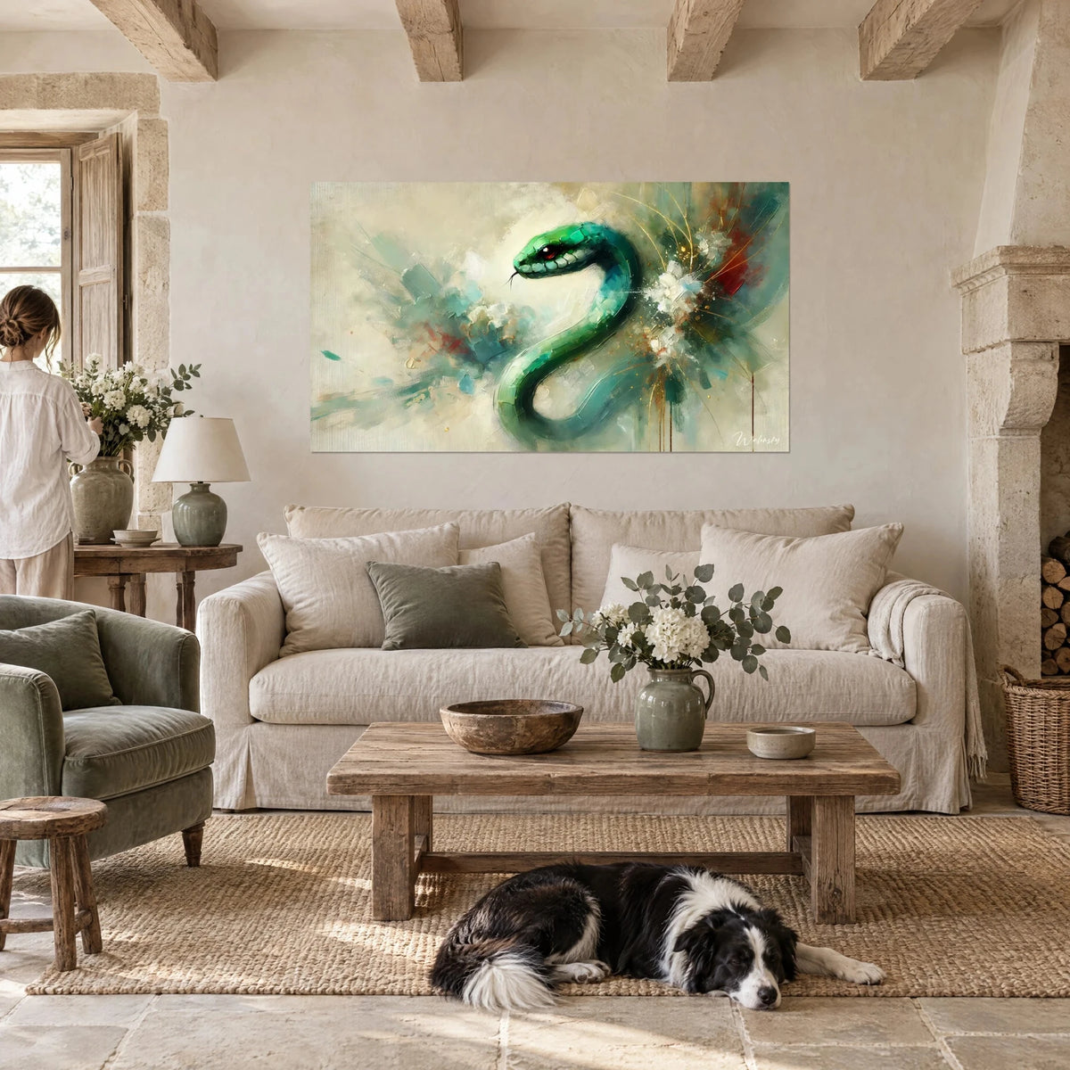 Wall art emerald snake with a red eye, white splashes and cream background, above a sofa in a bright living room