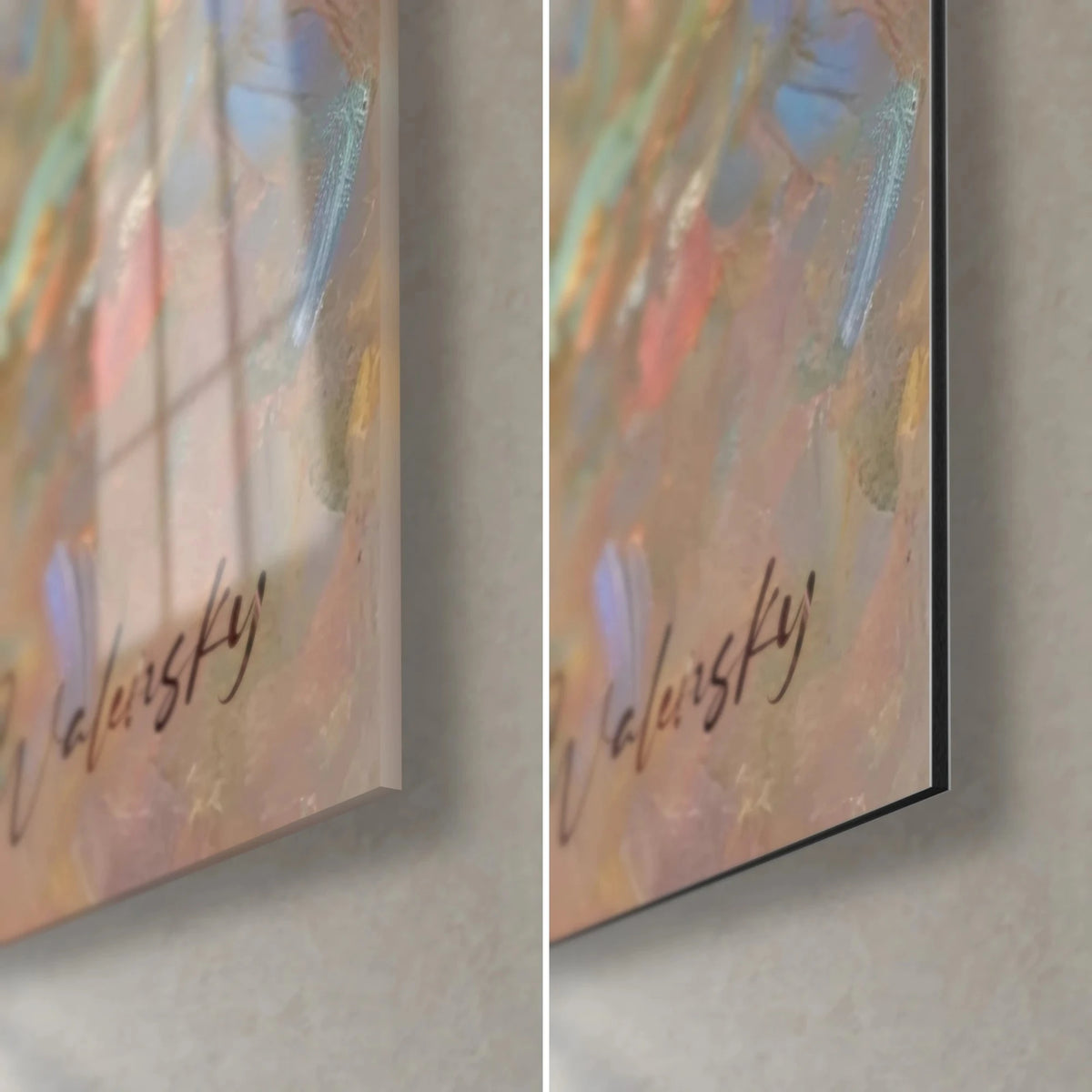 Quadro uccello azzurro dal petto ramato, angolo in basso a destra: vetro lucido con riflessi madreperlacei a sinistra, Dibond opaco a destra, firma Walensky