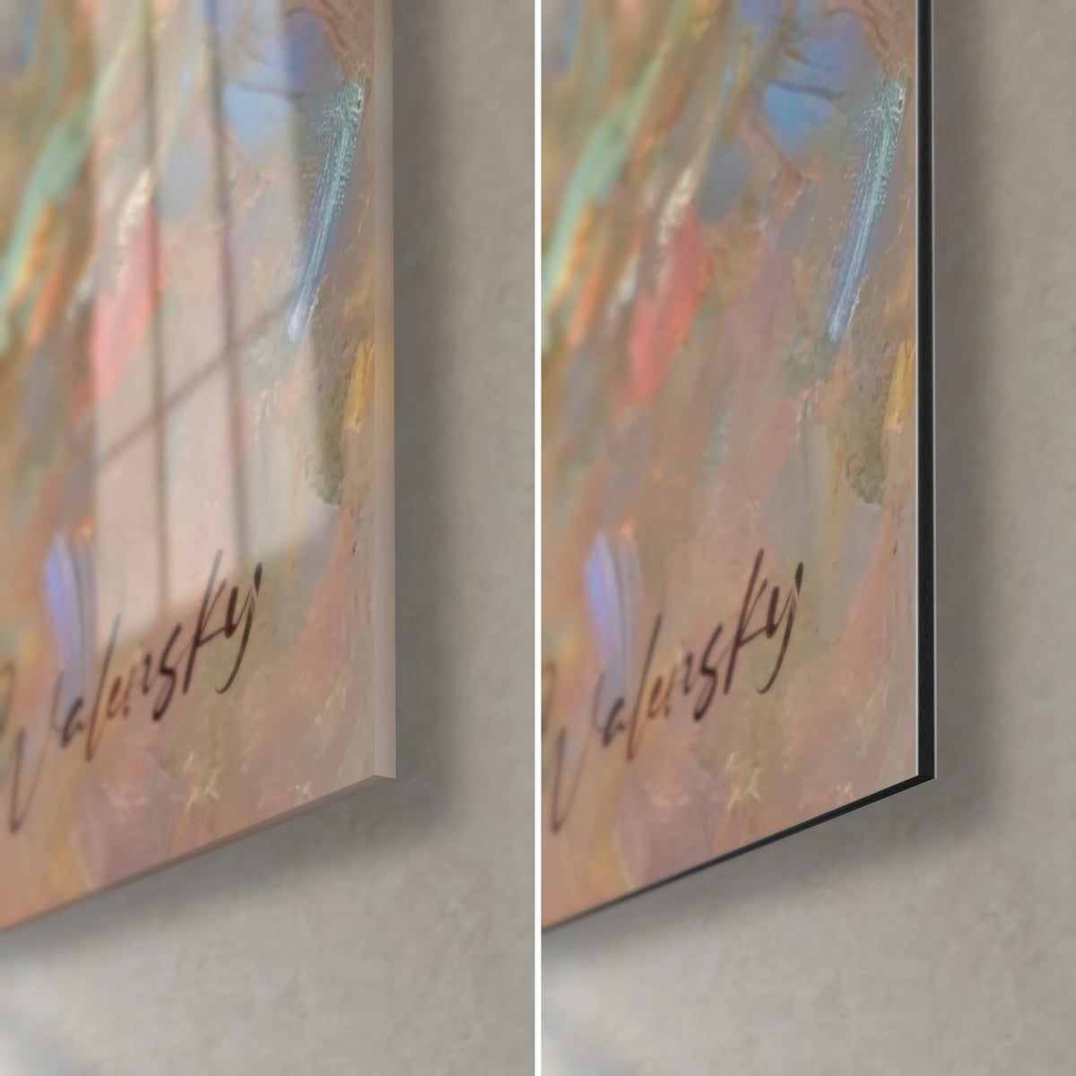Wall art blue bird with a russet breast, bottom right corner: glossy glass with mother-of-pearl sheen on the left, matte Dibond on the right, Walensky signature