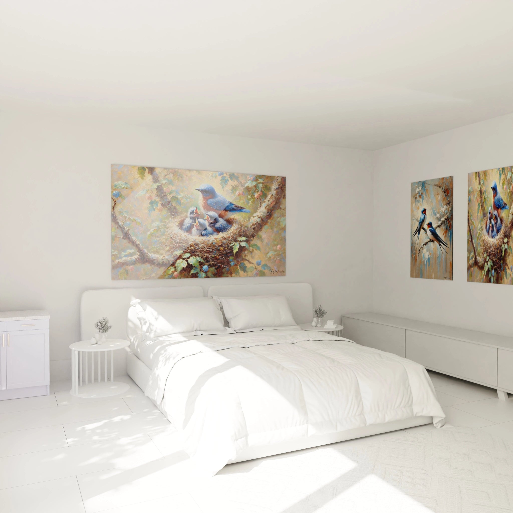 Ce tableau oiseaux, accroché au-dessus du lit, apporte calme et harmonie à votre chambre. Idéal pour une décoration apaisante inspirée de la nature et des liens familiaux.