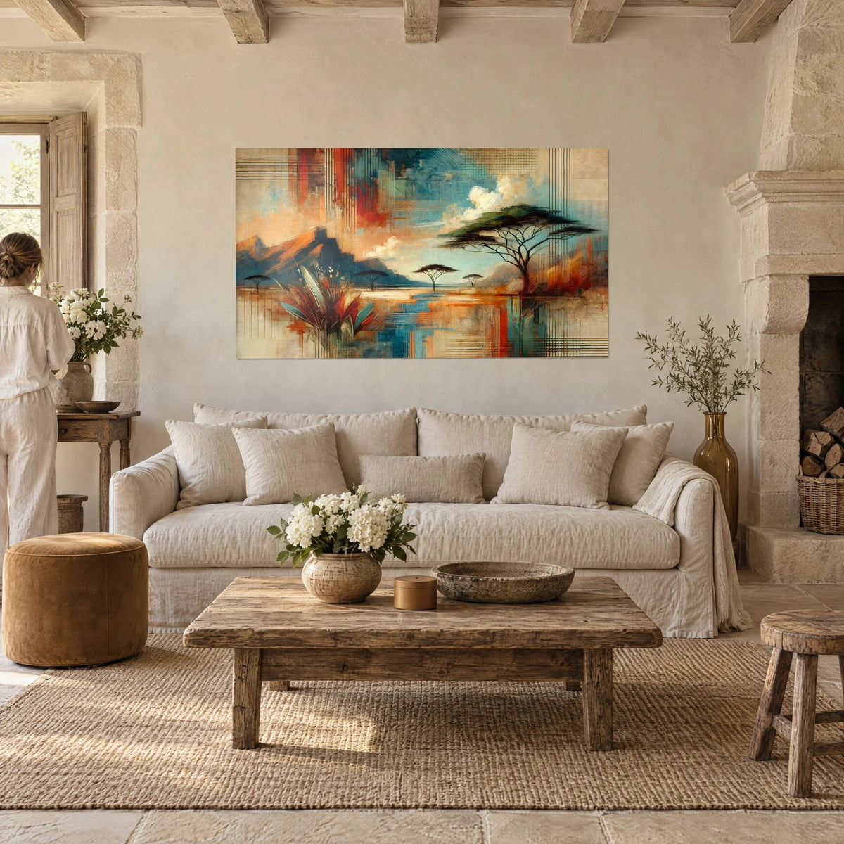 Gemälde Abstrakte Savannenlandschaft mit Akazien, Türkis und gebranntem Orange, über einem Sofa in einem hellen Wohnzimmer