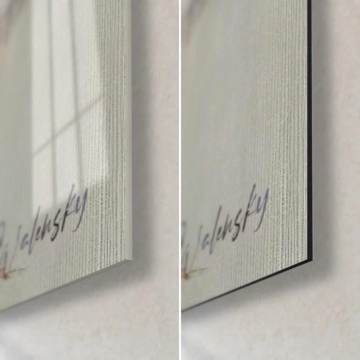 Gemälde Schneegipfel, untere rechte Ecke: glänzendes Glas mit Reflexen links, matt cremeweißes Dibond-Aluminium rechts, 3 mm Kante