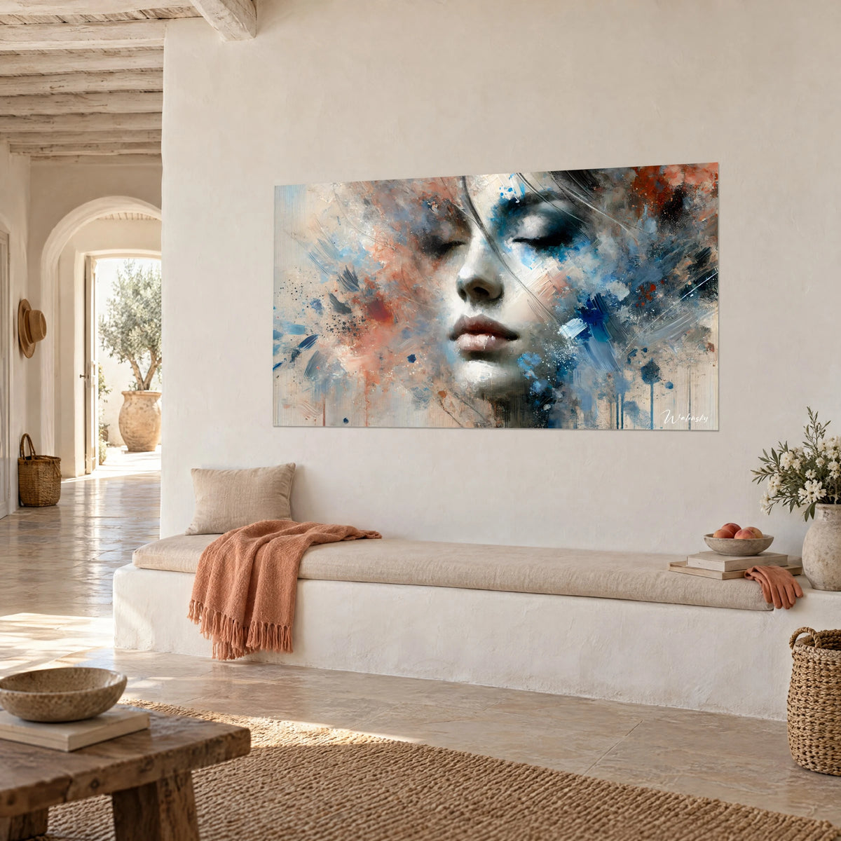 Tableau portrait onirique, peau d'ivoire et traînées bleu nuit, coulures verticales, sur un mur blanc d'une maison méditerranéenne