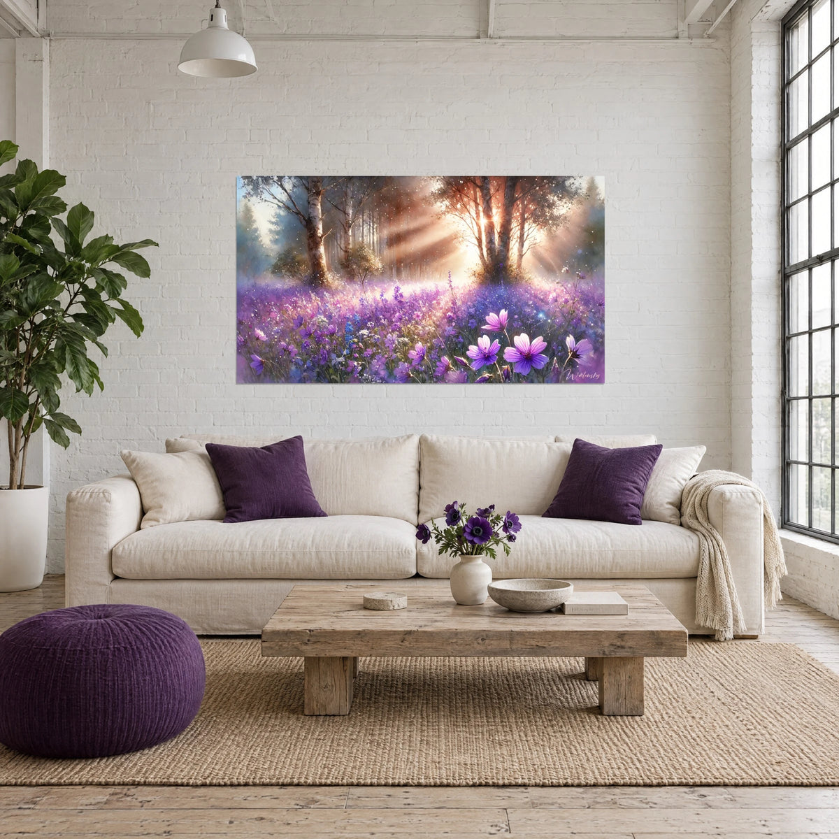 Cuadro sotobosque de abedules inundado de rayos dorados, pradera de flores malva y azules, sobre un sofá en un salón luminoso