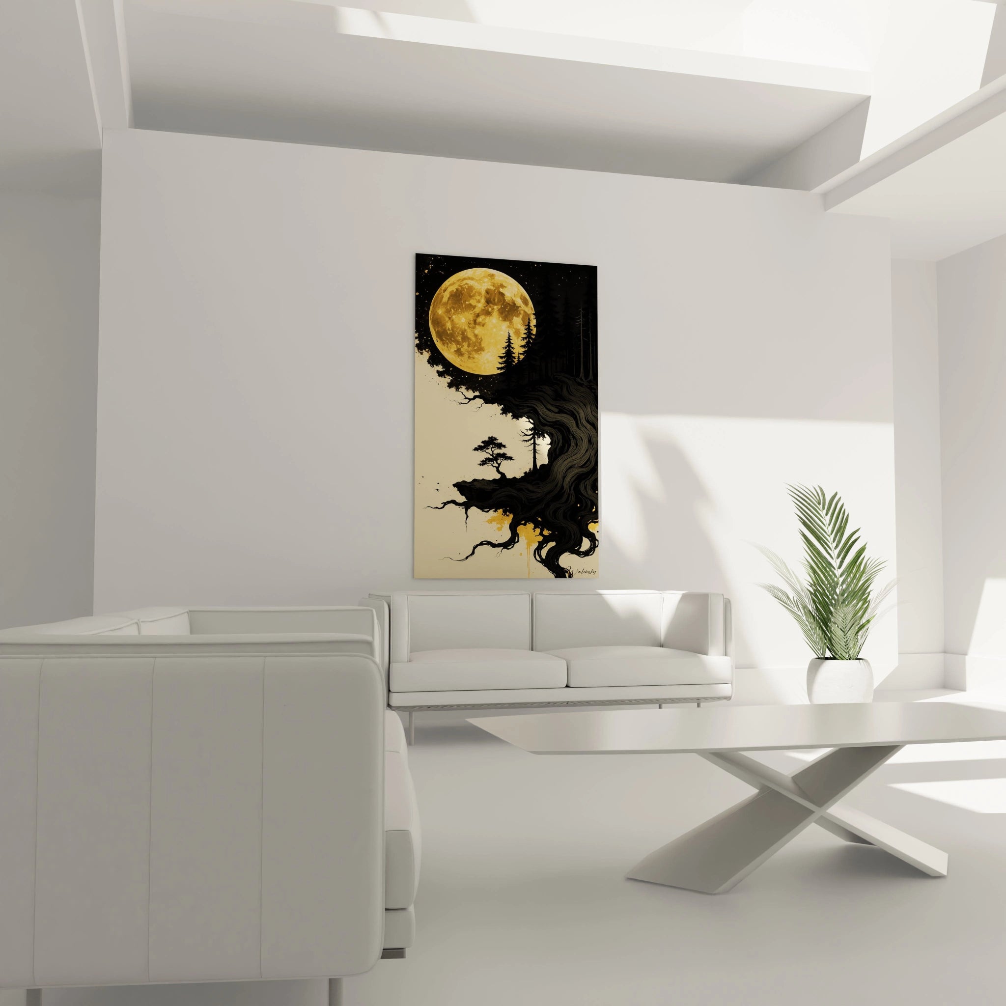 Un tableau forêt japonaise représentant une scène nocturne où une lune ambrée domine le ciel. Les silhouettes noires des conifères et du petit pin sur la falaise se découpent avec netteté, tandis que les textures fluides et les éclaboussures dorées ajoutent une dimension graphique contemporaine.
