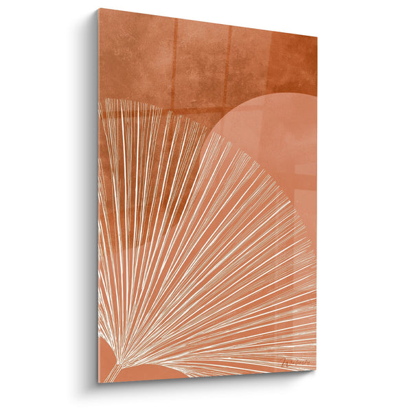 Terracotta geometrisch waaiervormig schilderij met stralende witte lijnen - Tellurische energie - Feng Shui Zuidwest Aarde editie