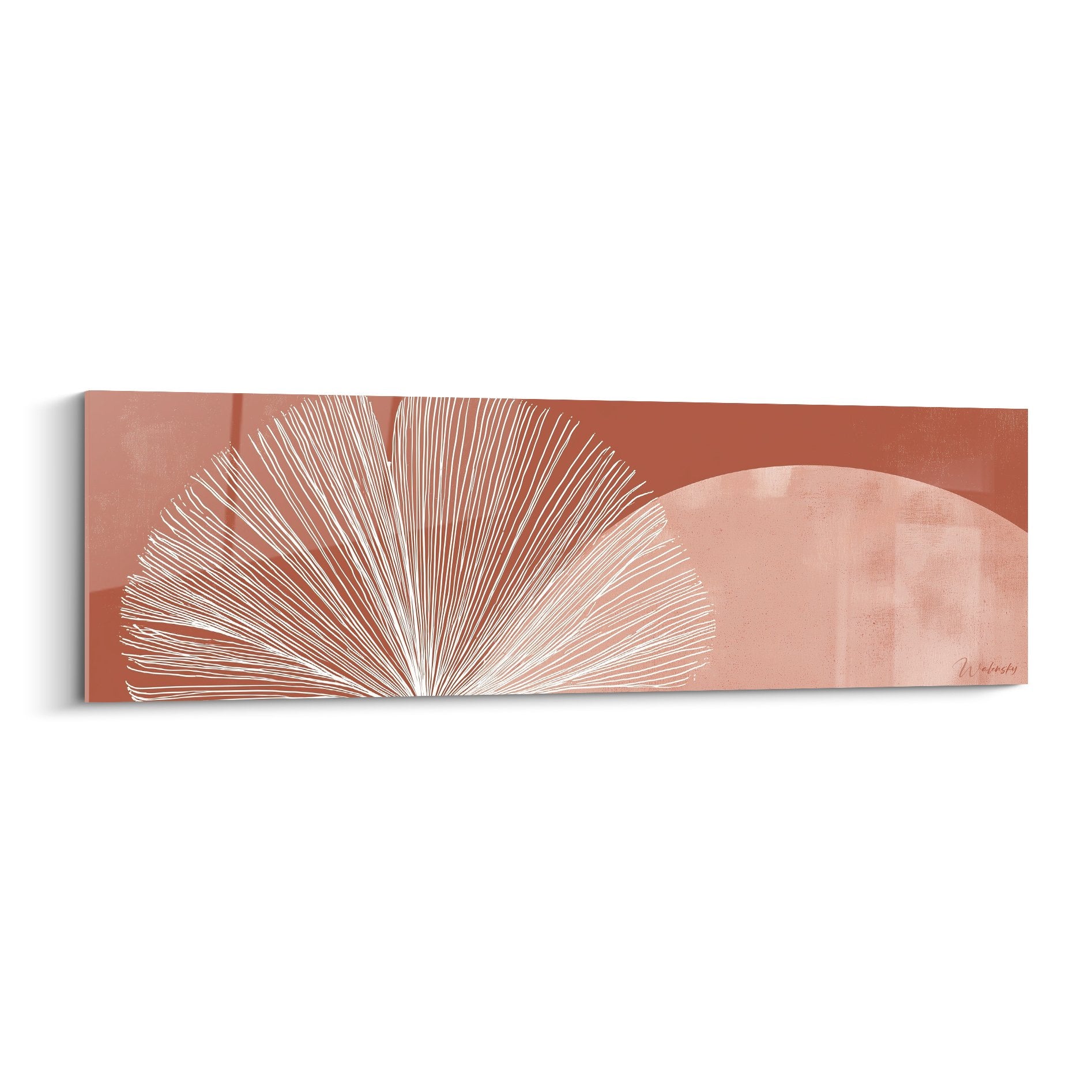 Modern wall art with white fan pattern on terracotta and pink background, minimalist geometric composition panoramic format