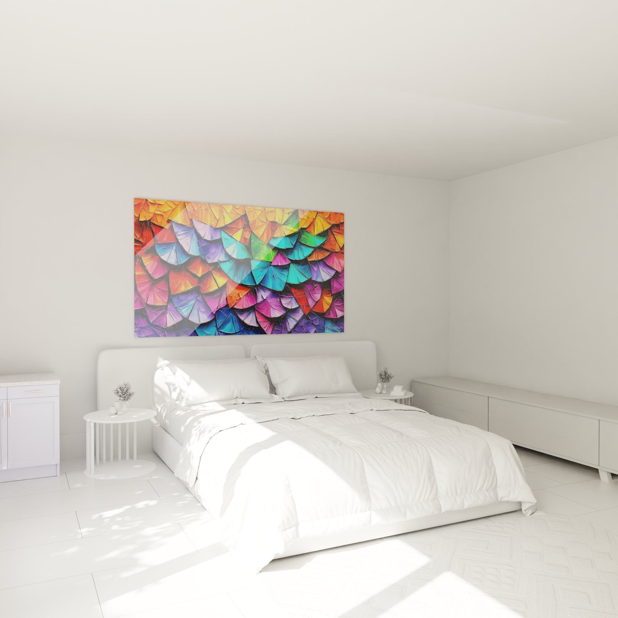 Décoration chambre tableau éventails multicolore abstrait ambiance moderne colorée