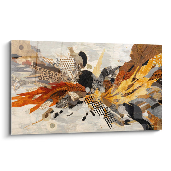 Abstraktes modernes Wandbild mit Explosion in Ocker- und Orangetönen für zeitgenössische Dekoration