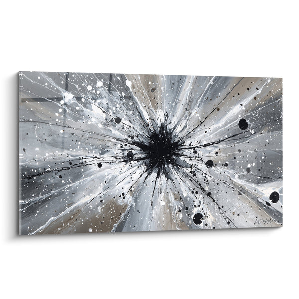 Explosiet abstract schilderij zwart op metallic grijze achtergrond met splinters en projecties - Cosmische Energie - Feng shui Noord-West Metaal Editie