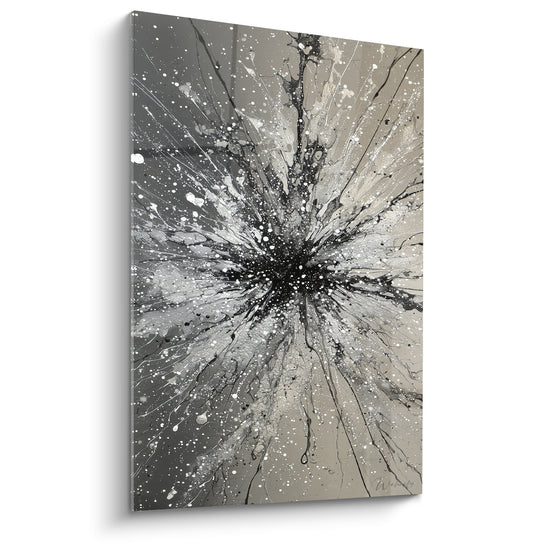 Tableau abstrait explosion noire et grise avec éclaboussures radiantes feng shui nord-ouest metal