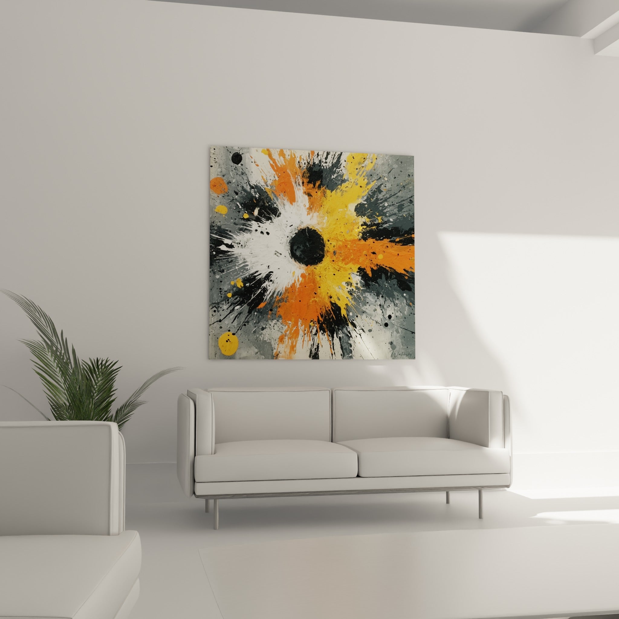 Gerbe de couleurs orange, dorées et blanches surgissant du noir, disposée au-dessus d'un canapé dans un salon lumineux
