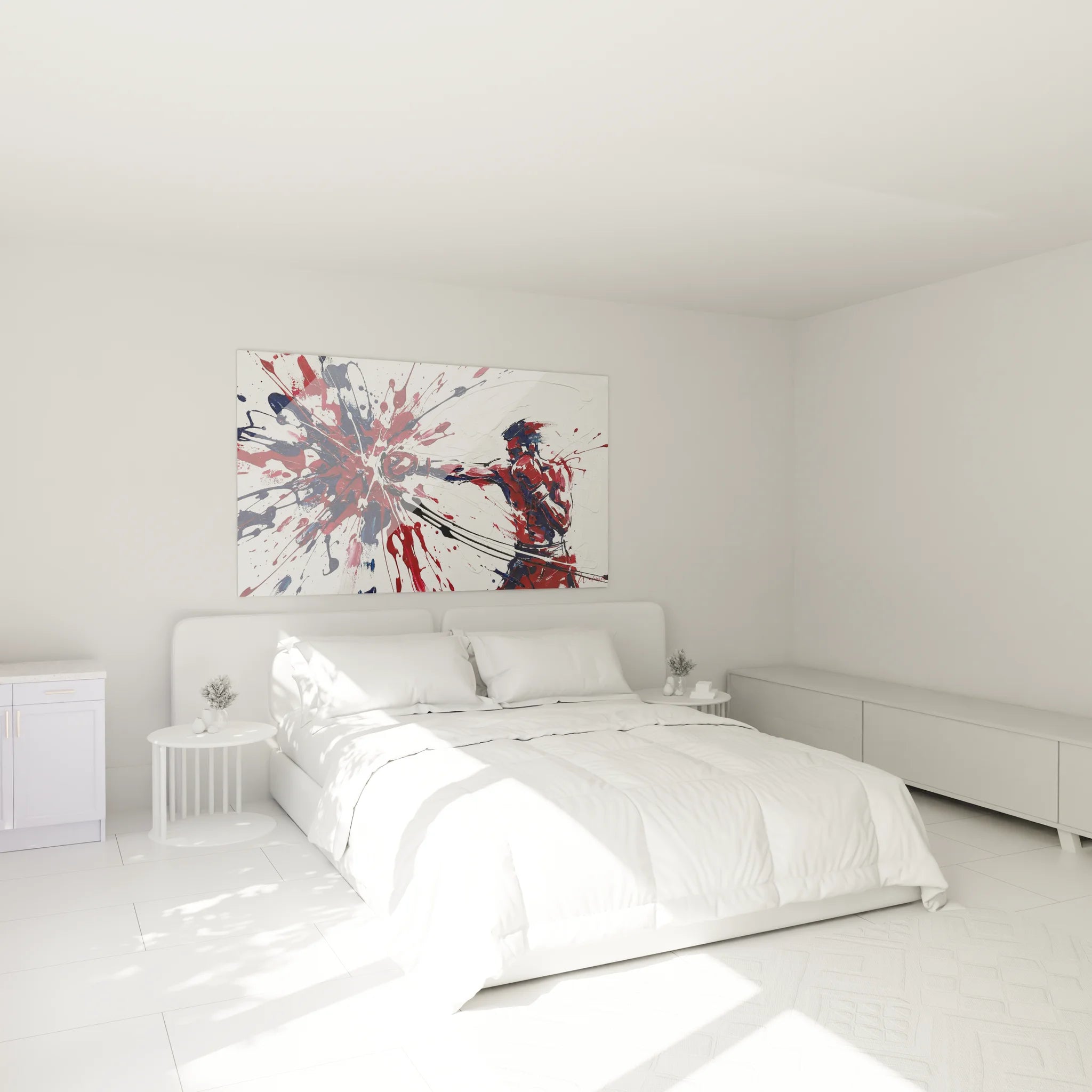 Tableau explosion artistique rouge bleu décorant une chambre moderne avec style