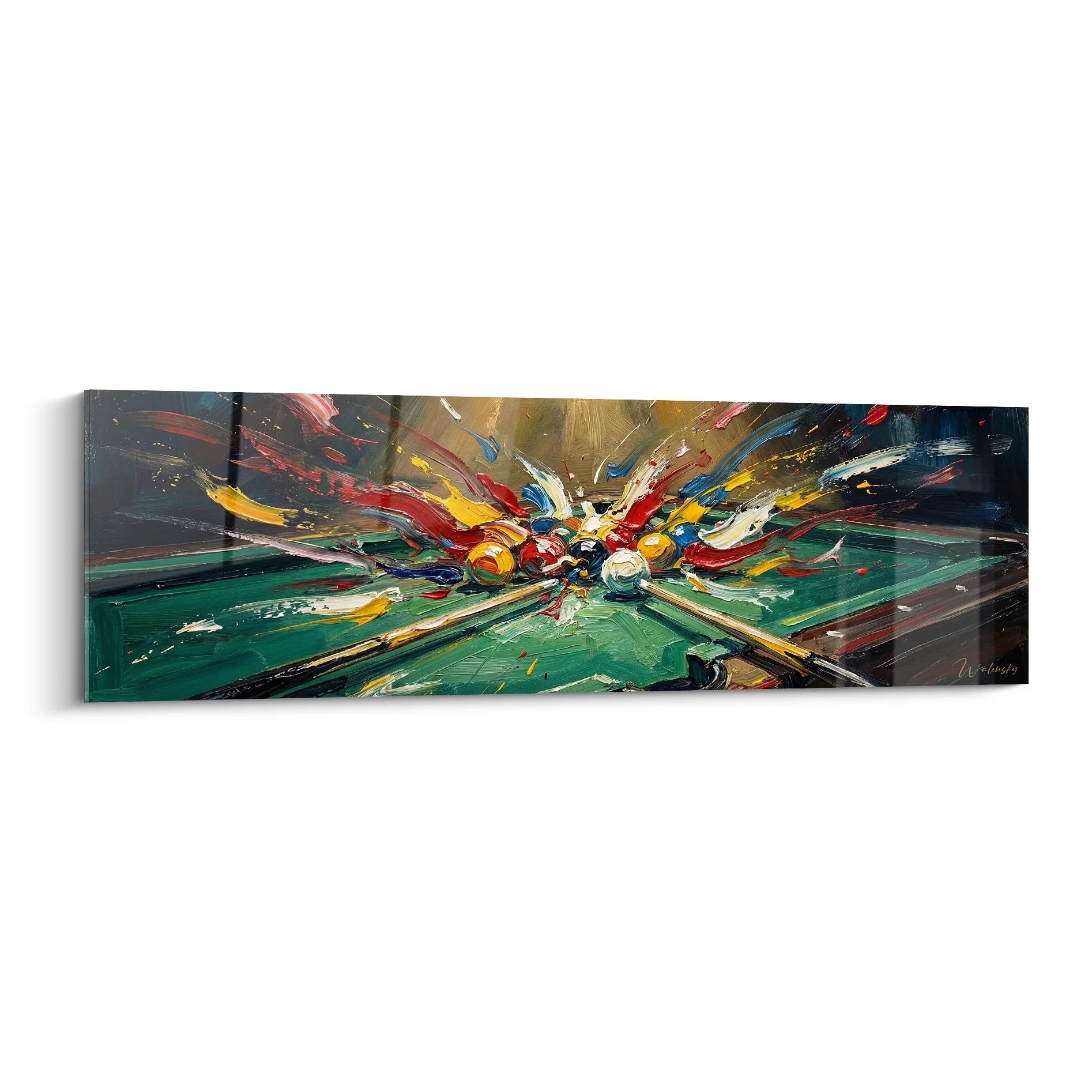 Tableau explosion billard abstrait avec éclaboussures colorées représentant l'impact dynamique des boules