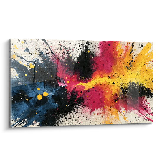 Explosion picturale bleu marine, rose fuchsia et jaune vif sur fond crème éclaboussé de noir