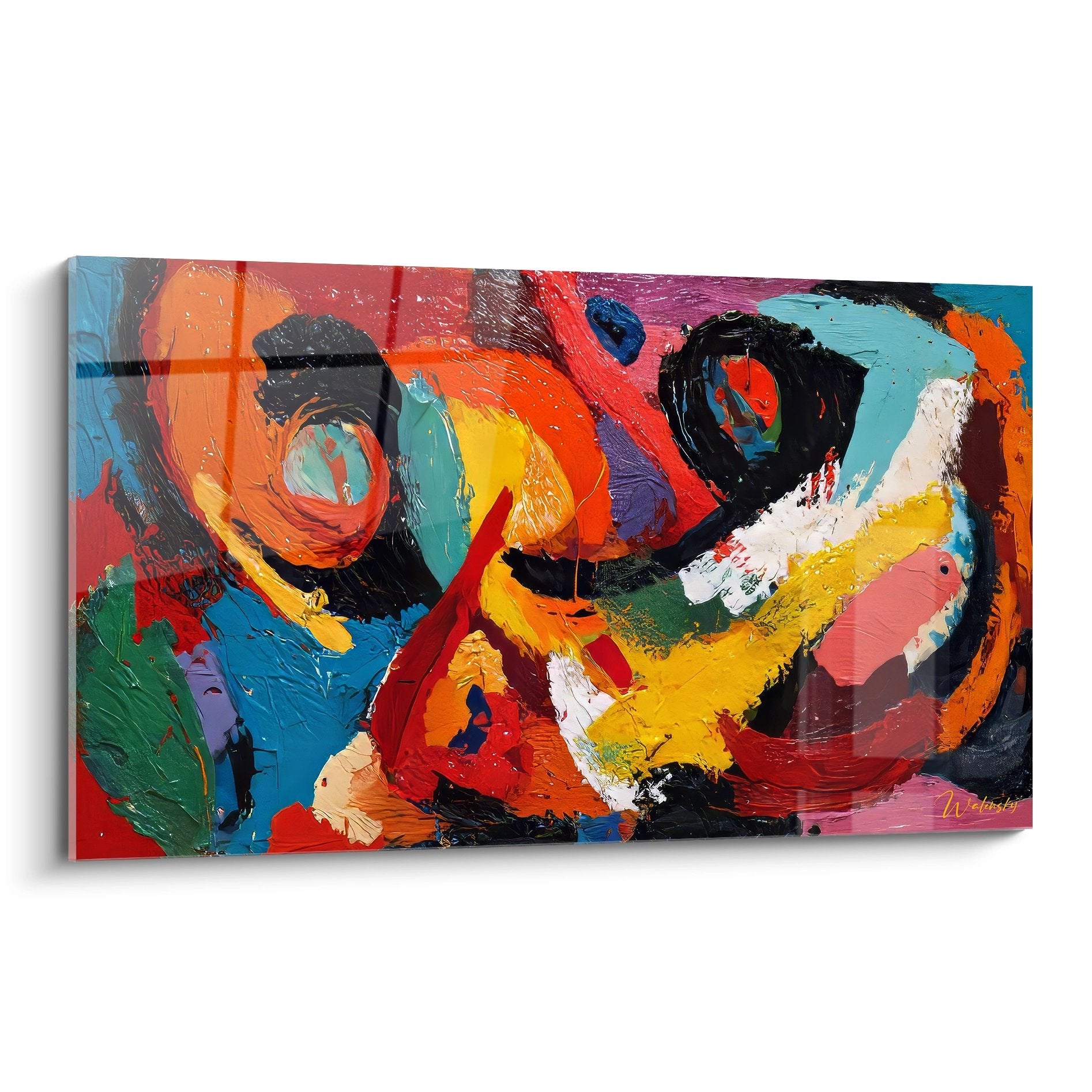 Tableau mural explosion colorée abstraite avec teintes vives orange bleu rouge pour décoration moderne