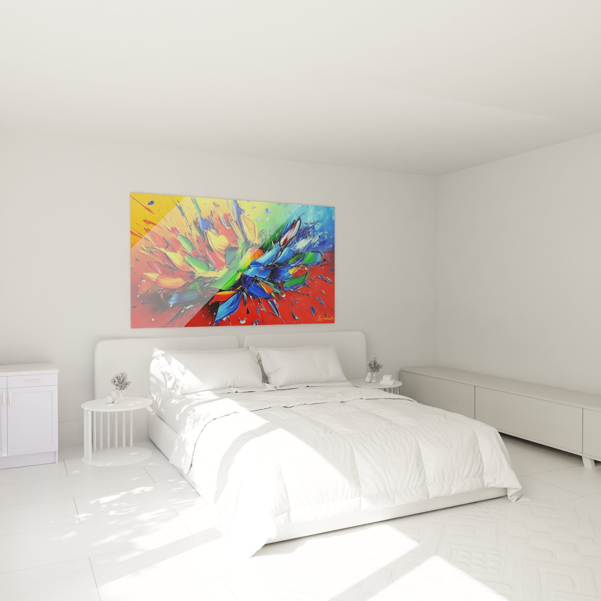 Ambiance chambre avec tableau explosion colorée abstraite moderne accroché au mur décoration