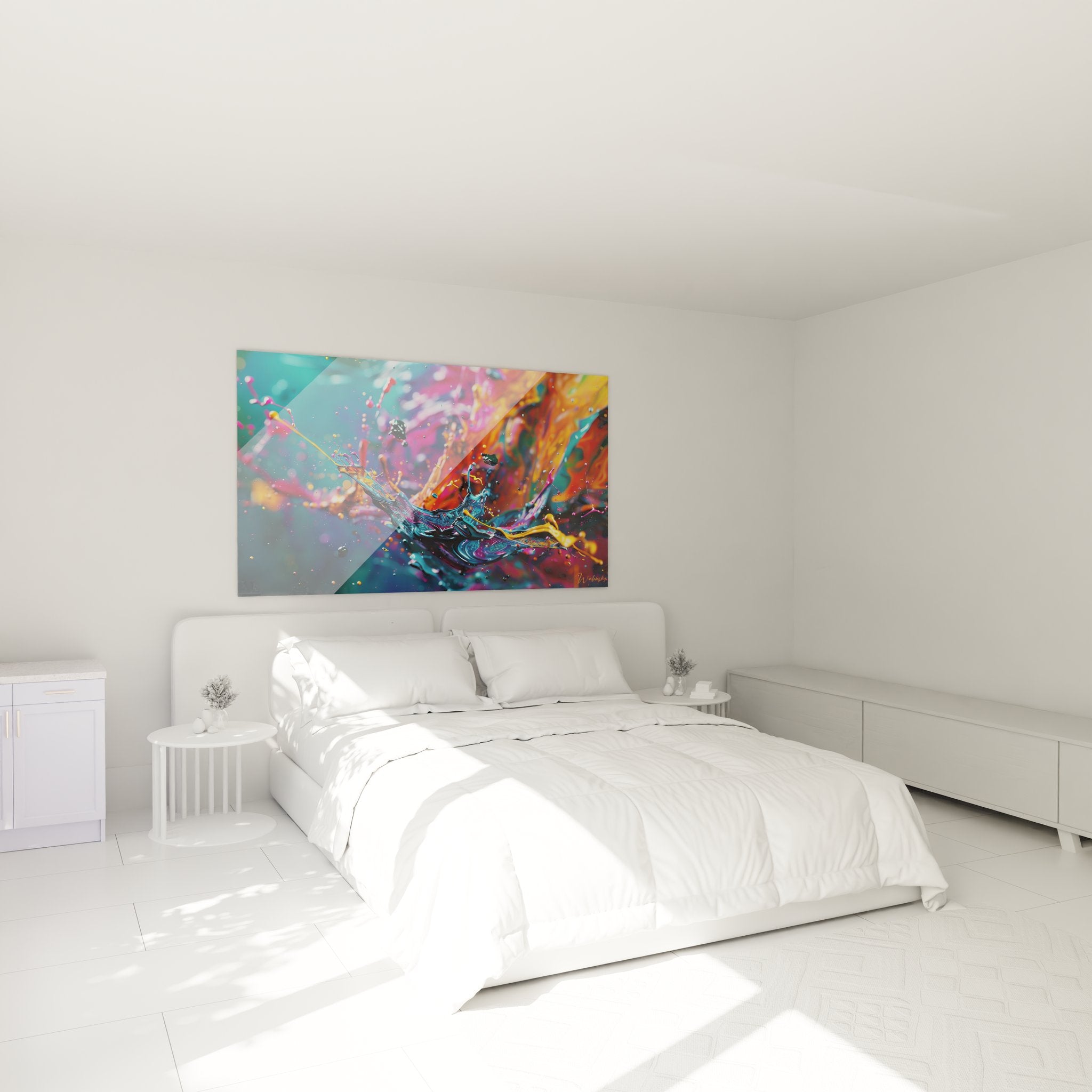 Tableau explosion colorée abstrait décorant une chambre moderne avec couleurs vives harmonieuses