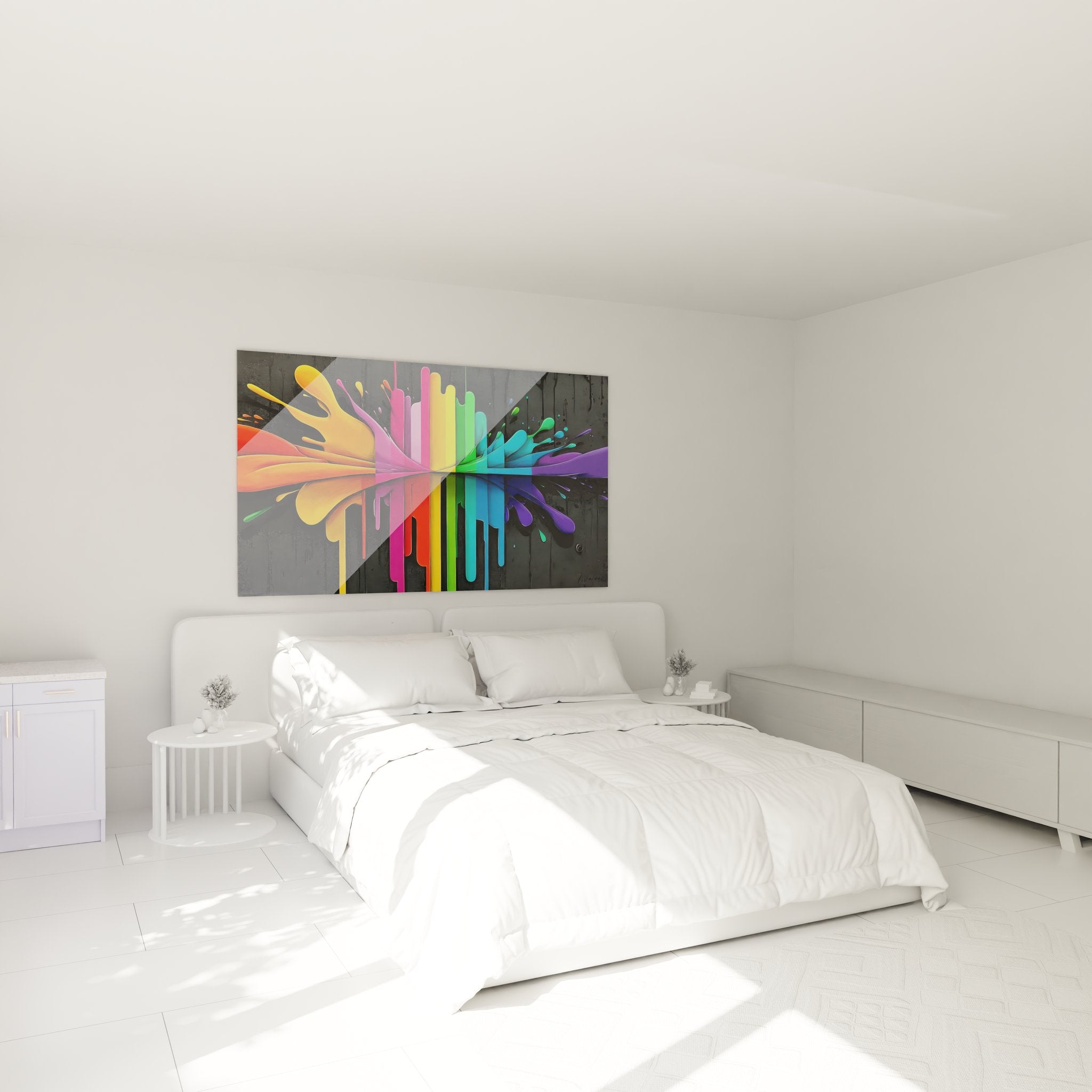 Tableau explosion colorée en décoration chambre moderne, ambiance design multicolore