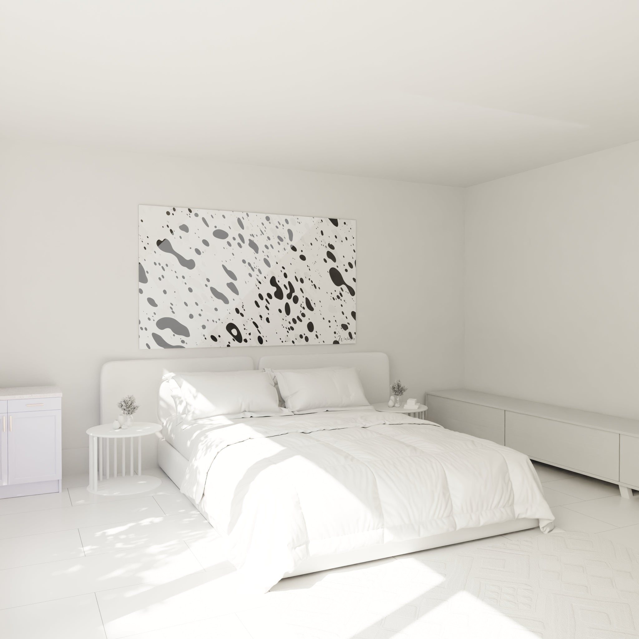 Tableau tacheté noir et blanc de Walensky décorant une chambre moderne et minimaliste
