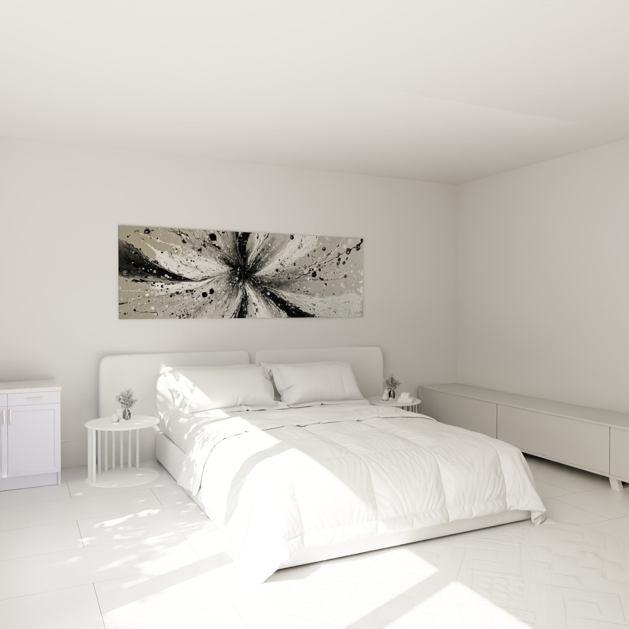 Tableau explosion cosmique noir argent dans chambre moderne decoration feng shui nord ouest