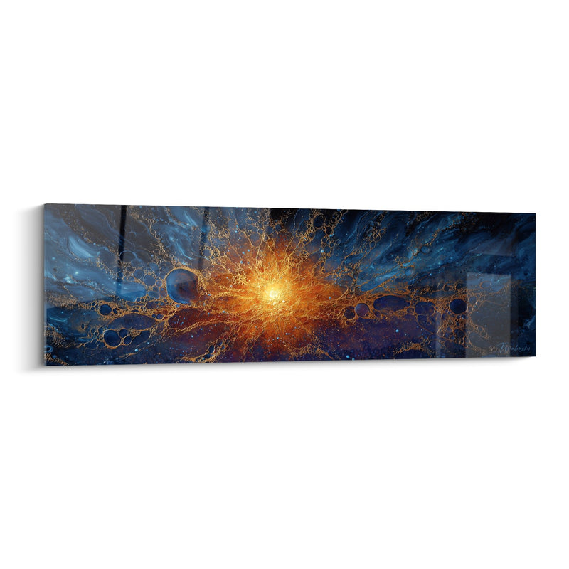 Golden and Blue Cosmic Explosion Wall Art - Stellar Energy - Feng Shui Southeast Wood Edition