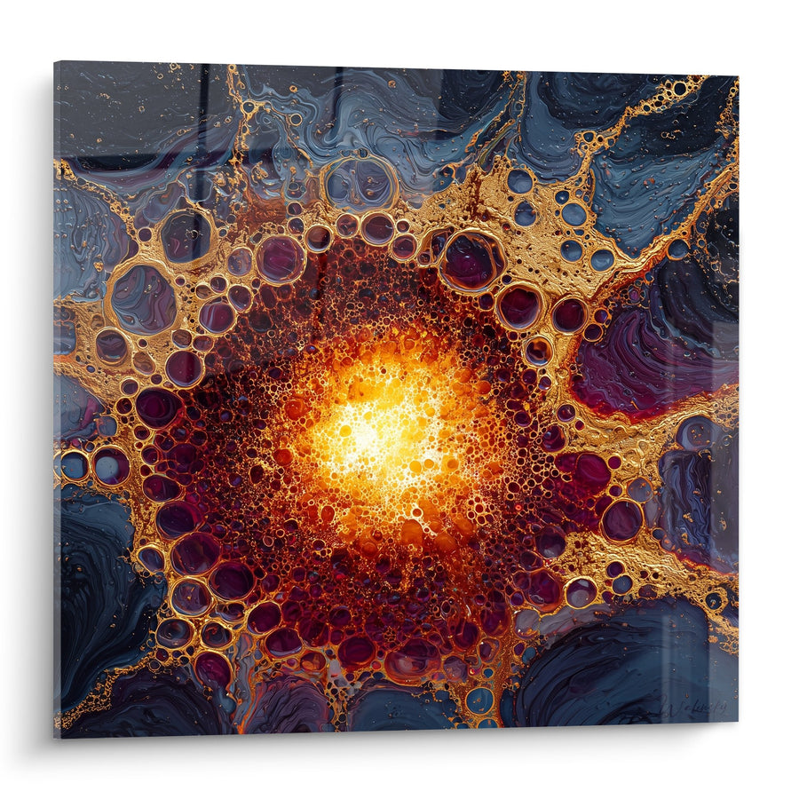 Tableau explosion solaire dorée avec bulles et éclats de lumière sur fond bleu nuit - Énergie cosmique - Edition Feng shui Sud-Est Bois