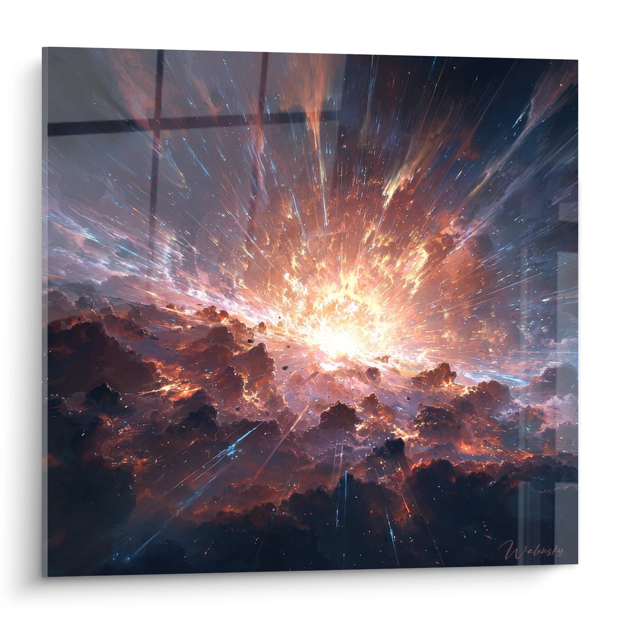 Tableau explosion cosmique représentant une nébuleuse en expansion avec rayons lumineux dorés et bleus