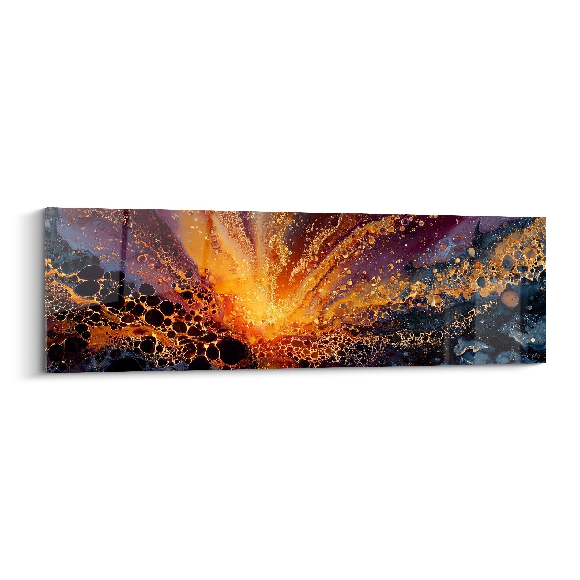 Tableau abstrait explosion cosmique orange pourpre bulles dorees feng shui sud est bois energie rayonnante