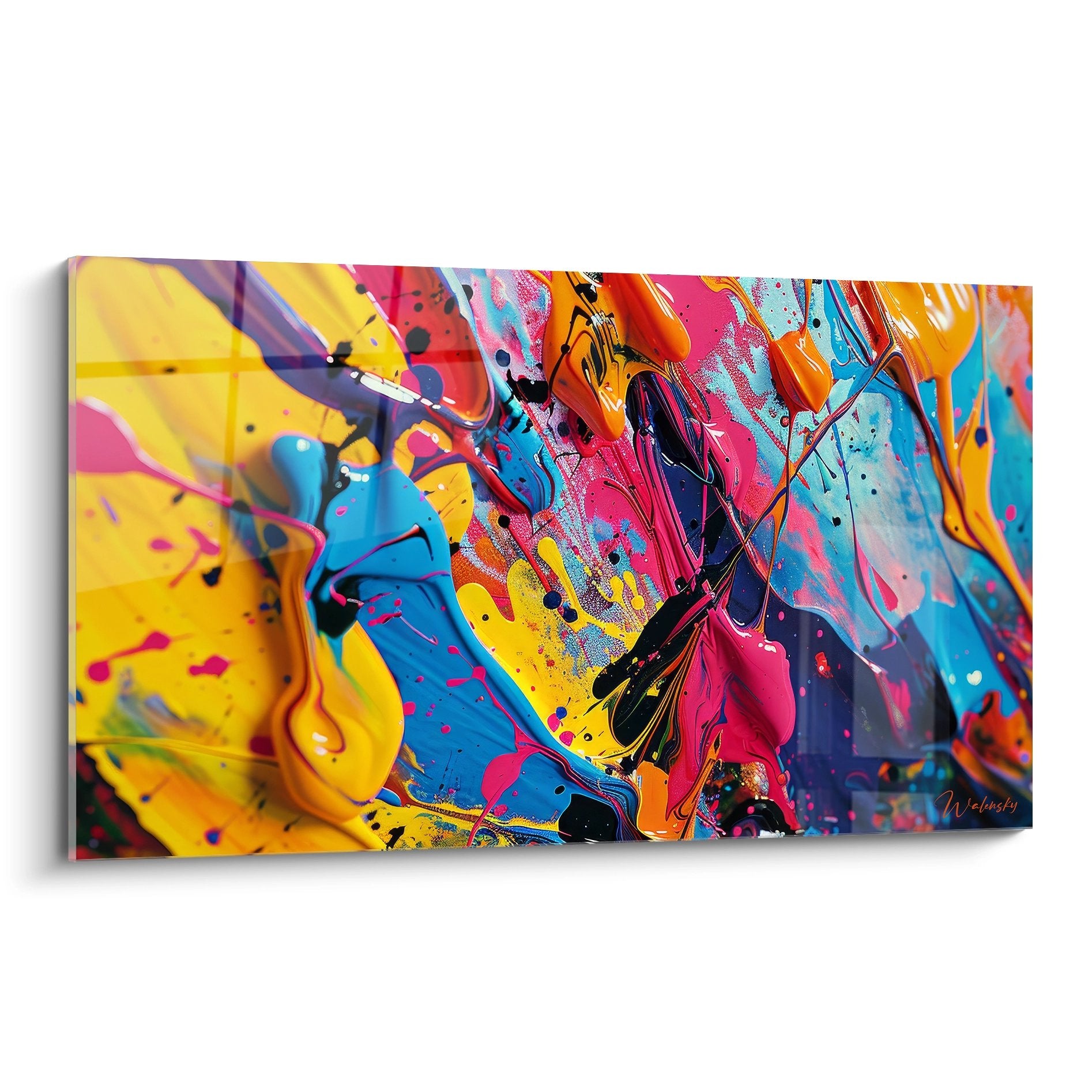 Tableau mural explosion de couleurs abstrait aux teintes vives jaune bleu rose orange