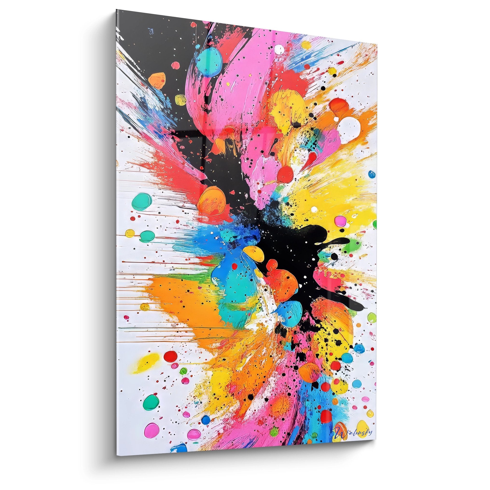 Tableau mural explosion de couleurs abstraites avec éclaboussures multicolores sur fond noir