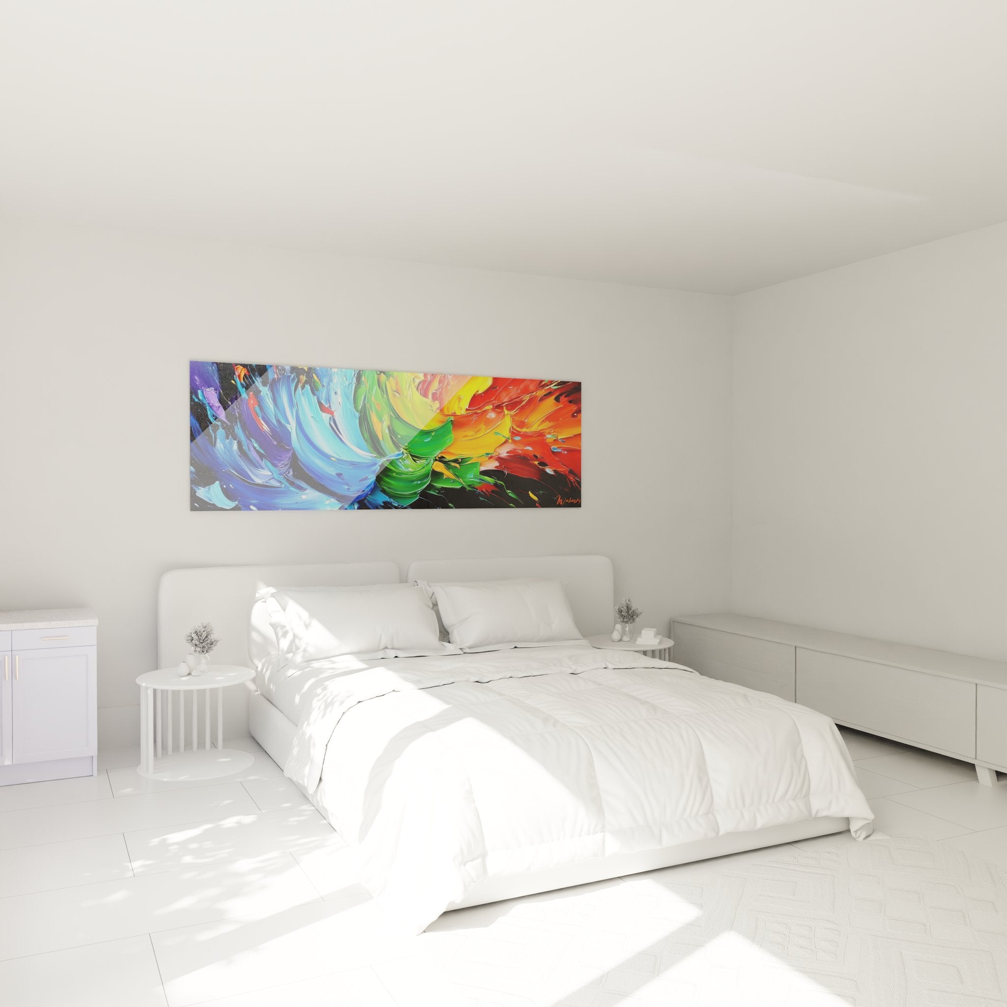 Tableau explosion chromatique abstraite dans ambiance chambre décoration murale art contemporain coloré