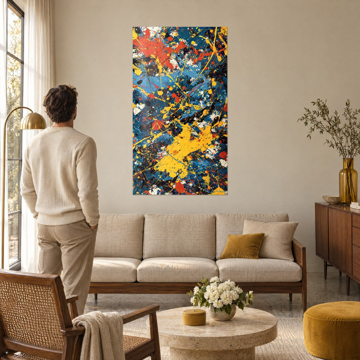 Wall art paint splatters in saffron yellow, deep blue and vermilion red, man seen from behind, above a sofa in a bright living room