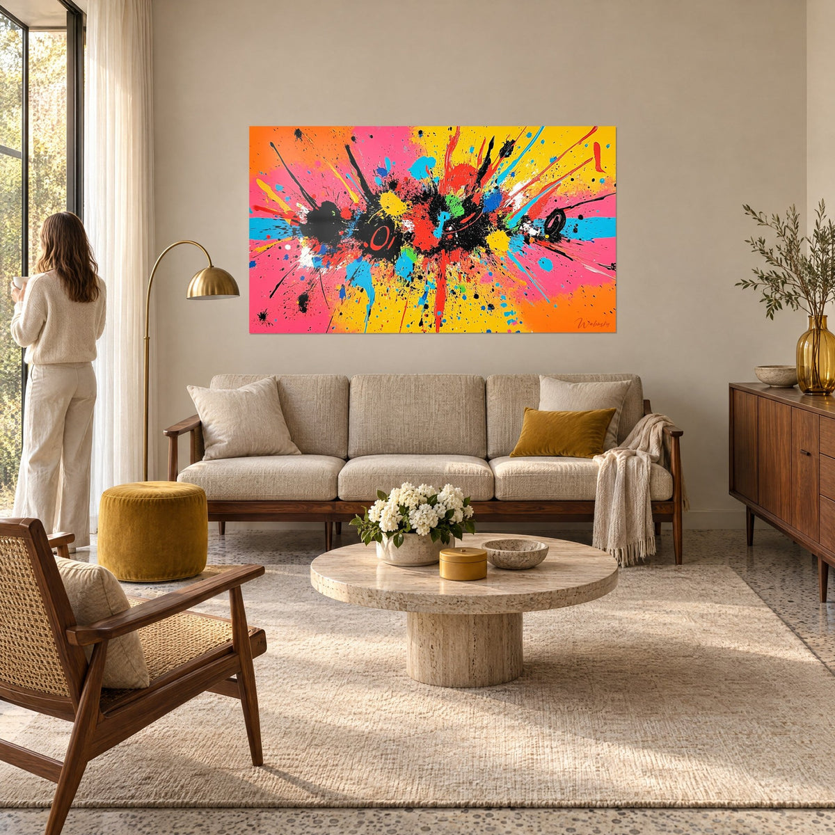 Cuadro de salpicaduras negras y amarillas sobre fondo rosa y naranja, mujer de espaldas, encima de un sofá en un salón luminoso