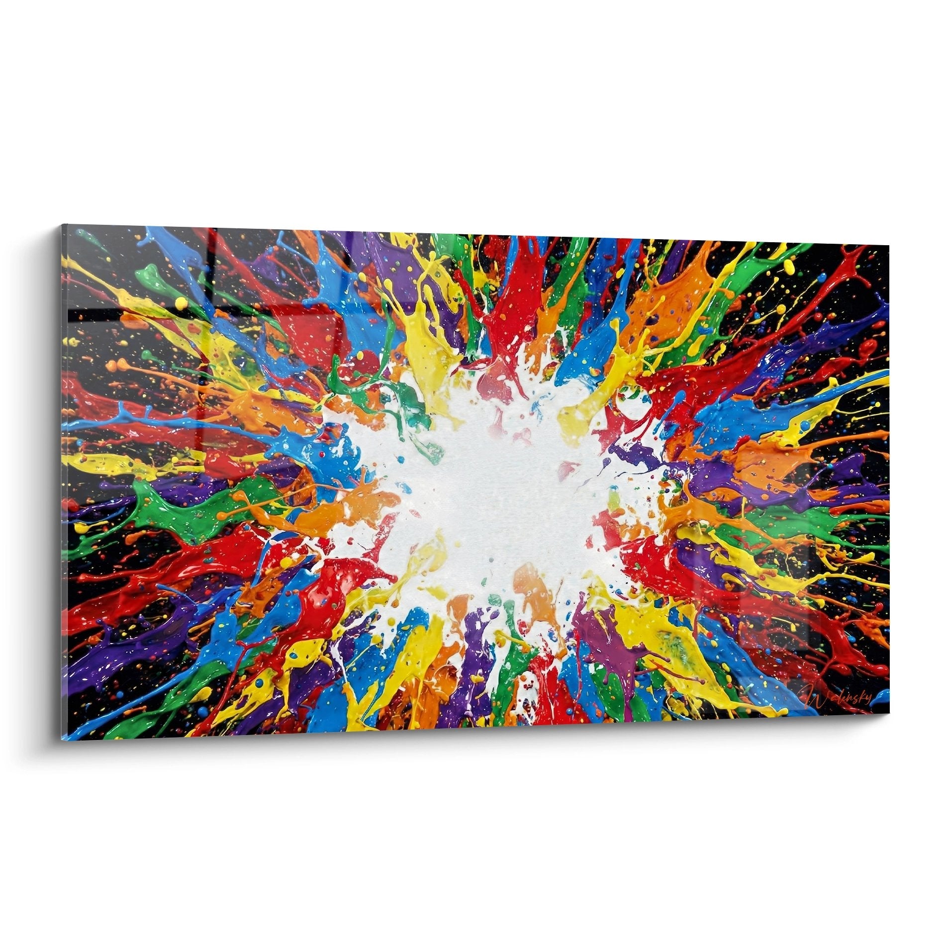 explosion radiante de couleurs vives jaillissant depuis centre blanc sur fond noir tableau street art dripping