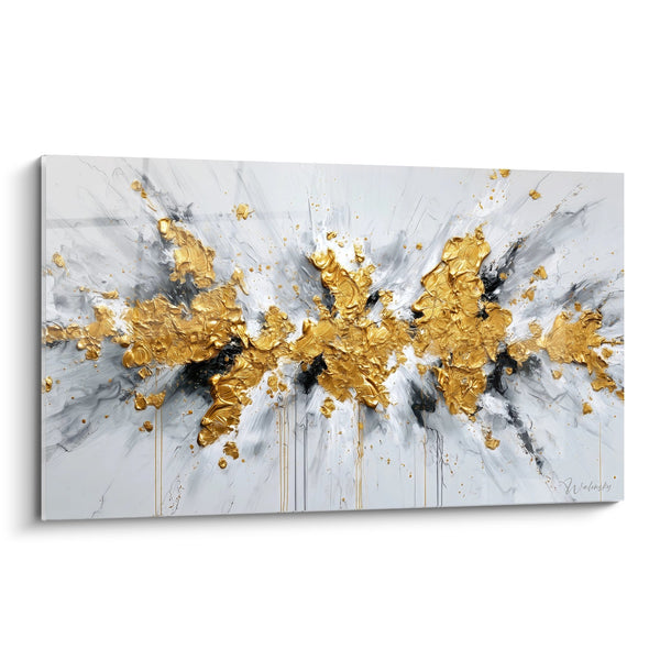 Schilderij gouden explosie op een witte en grijze achtergrond - Stralende Gloed - Moderne abstracte editie