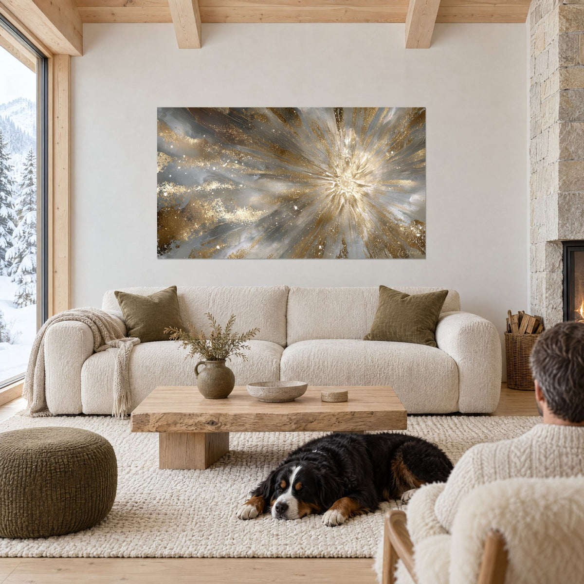 Gemälde Goldener Lichtstrahl, der auf perlgrauem Grund strahlt, schwarzer schlafender Hund, über einem Sofa in einem hellen Wohnzimmer