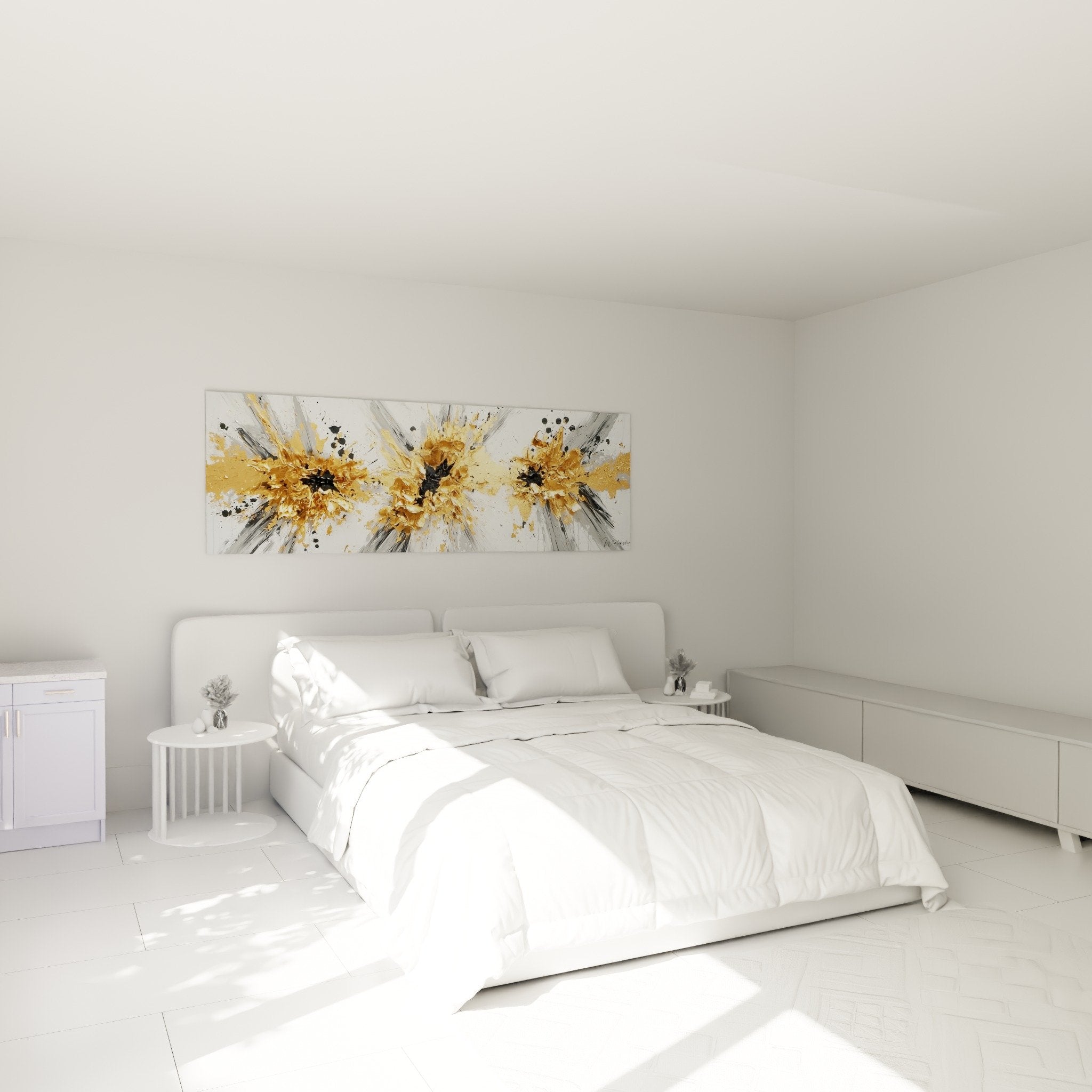 Tableau explosion dorée dans chambre moderne murs blancs mobilier contemporain décoration élégante